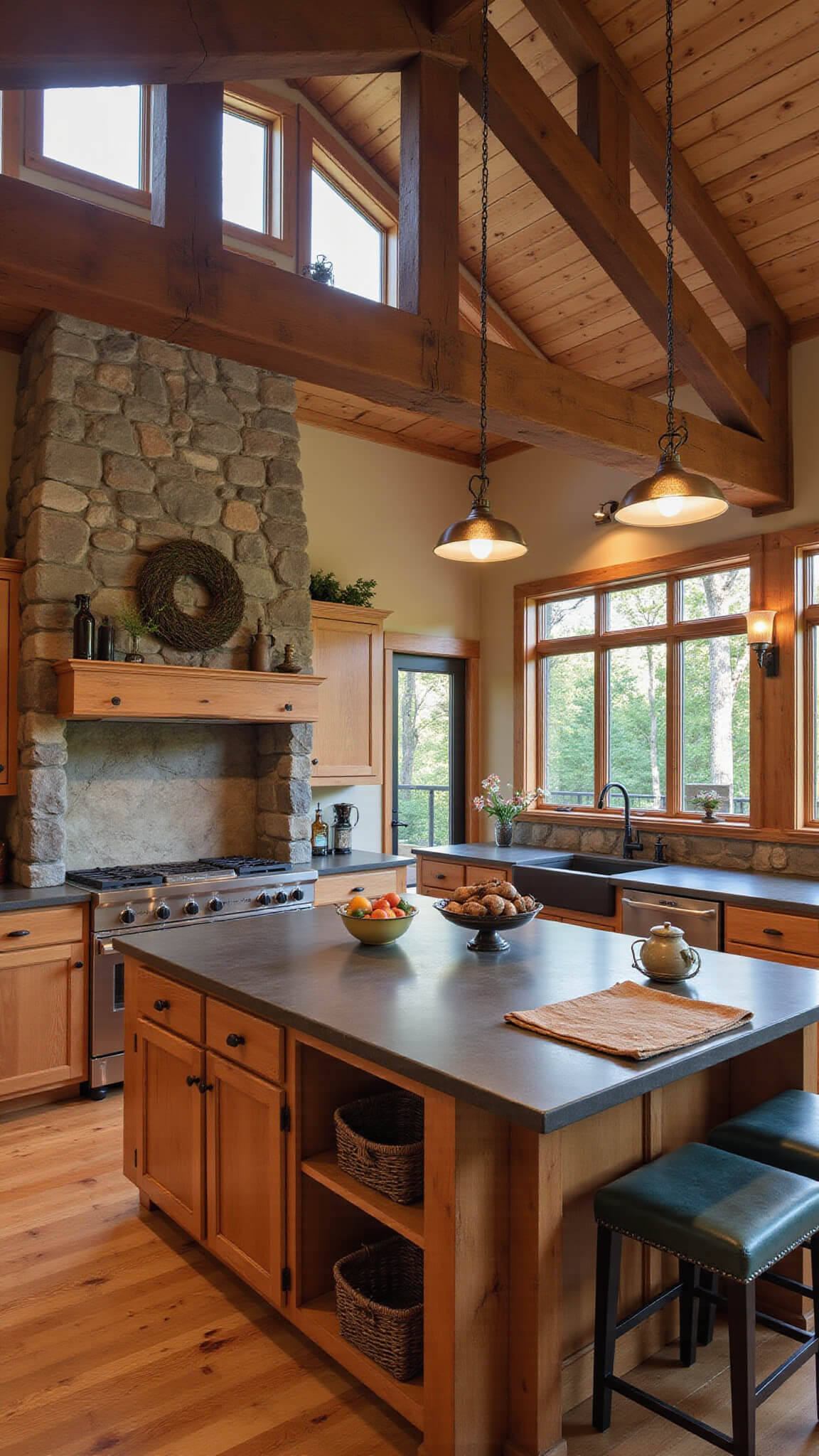 Rustic mountain retreat kitchen with stone fireplace, timber beams, and golden hour light illuminating soapstone counters, knotty alder cabinets, and granite-topped island.