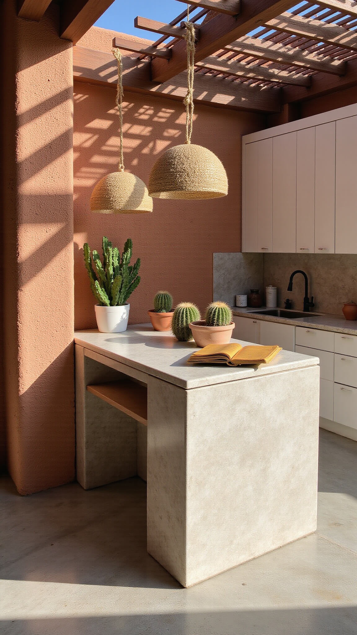 Corner view of a modern 16x16ft desert kitchen with rammed earth wall, quartzite island, white oak cabinets, cactus decor, and slatted pergola casting geometric shadows in harsh midday sun.