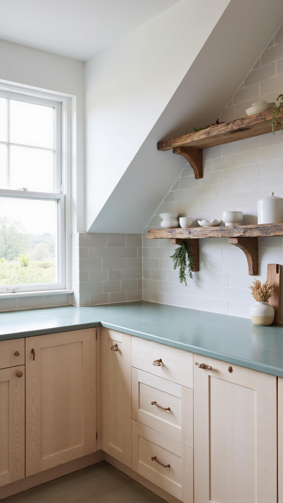 Eye-level view of coastal-style kitchen with bleached oak cabinets, sea-glass green concrete countertops, pale limestone backsplash, and driftwood shelving displaying ceramics; soft morning light and coastal herbs create a serene atmosphere.