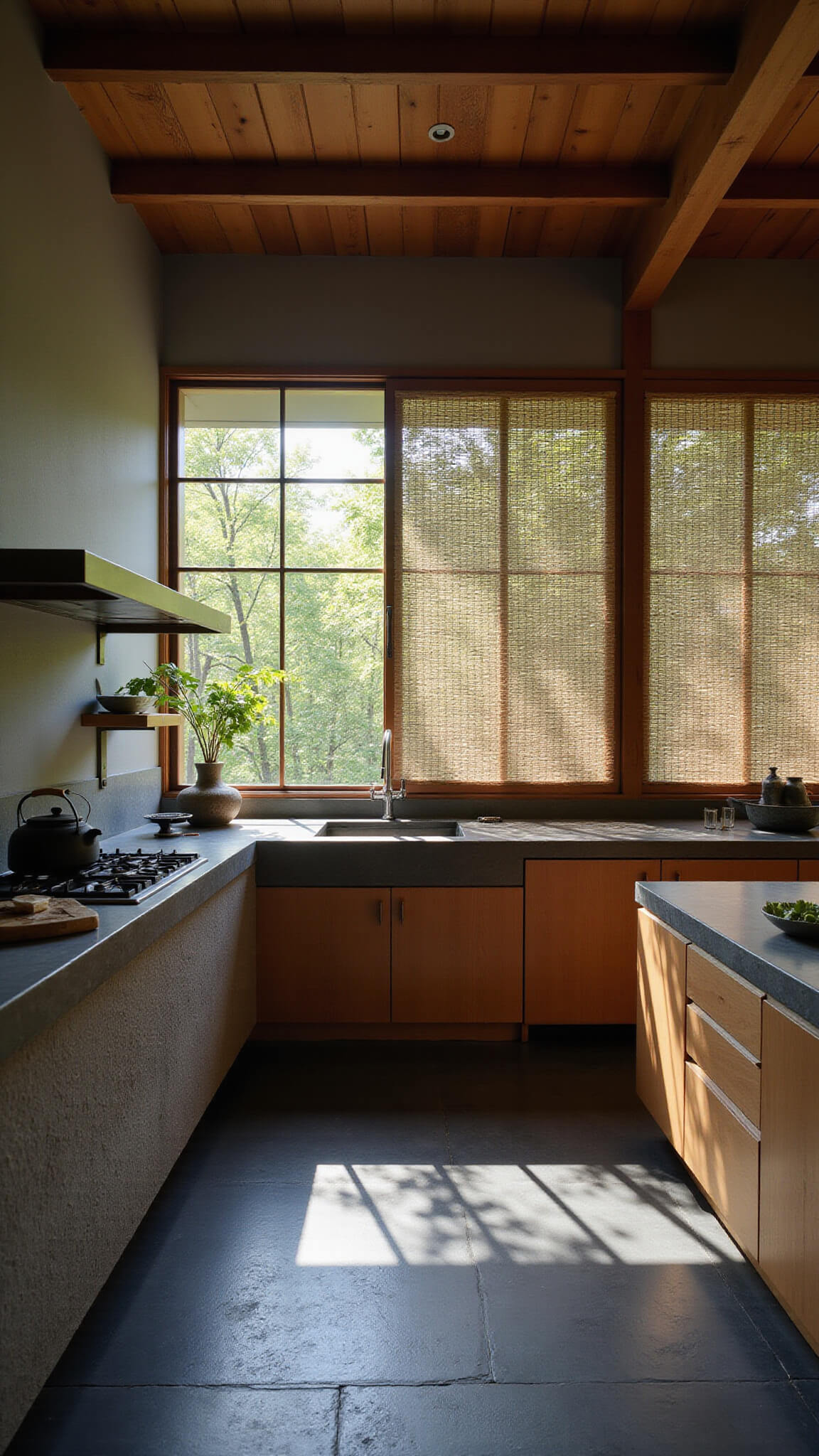 Wabi-sabi Japanese kitchen with cedar cabinets, stone counter, and shoji screen, dappled light casting shadows on black tile floor and ikebana arrangement.