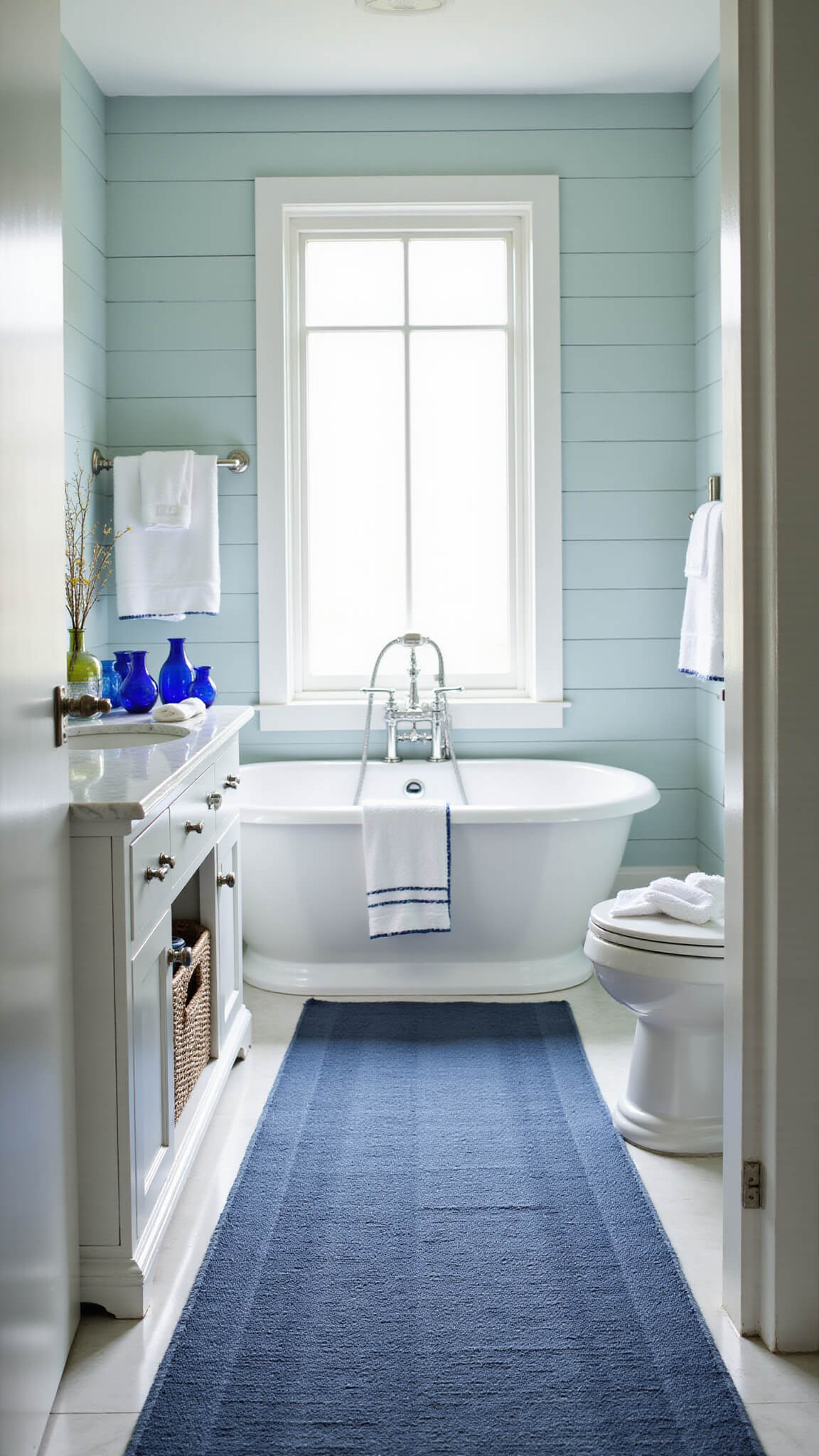 Coastal-inspired master bathroom with freestanding white tub, pale blue shiplap walls, chrome fixtures, navy runner, and white marble counters with blue accents in natural morning light.