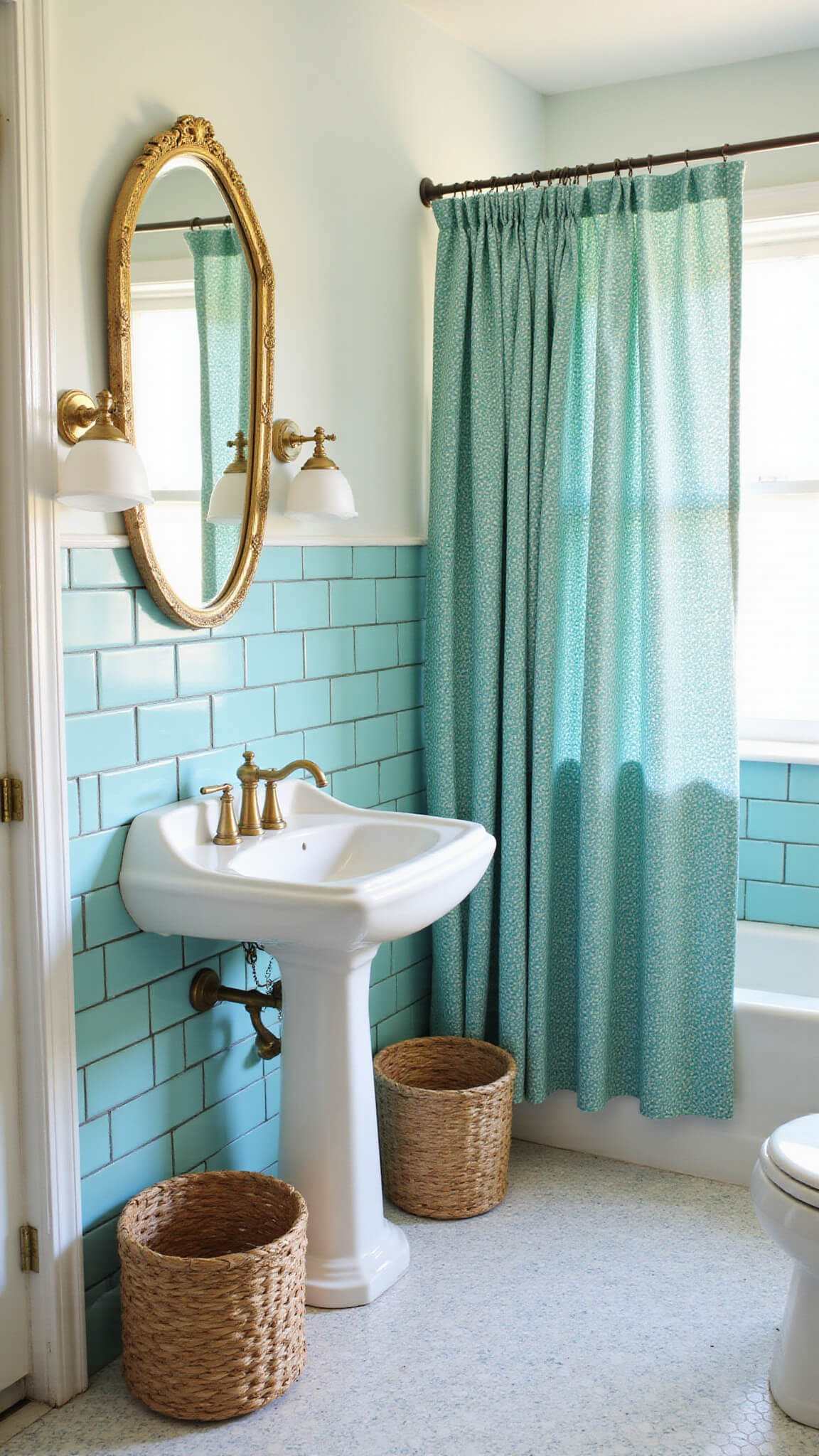 Vintage-style family bathroom with mint blue subway tiles, white pedestal sink, brass mirror, teal shower curtain, and hexagon floor tiles.