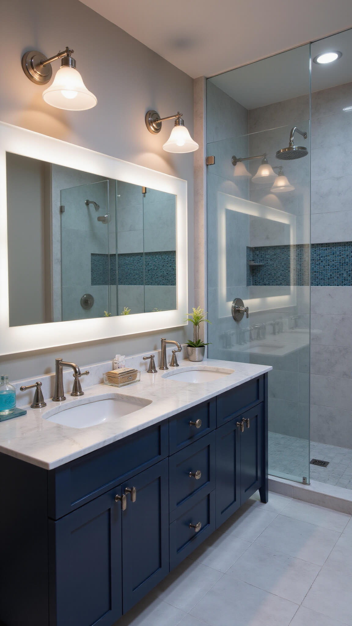 Contemporary master bath with navy double vanity, large mirror, marble-look tile walls, glass shower, and chrome accents at twilight.