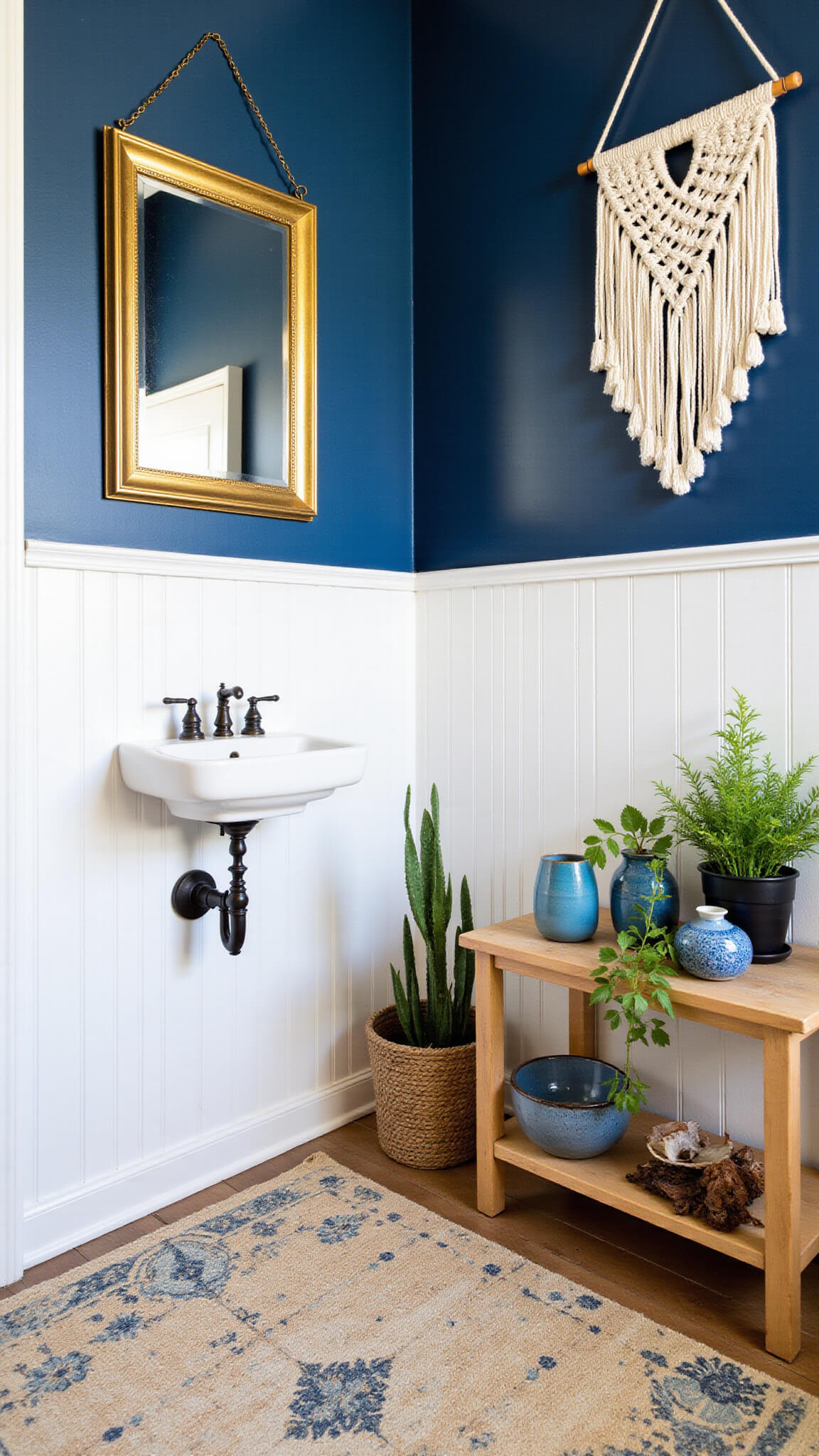 Bohemian 7'x9' guest bathroom with indigo blue walls, white beadboard, vintage brass mirror, macramé wall hanging, blue and cream natural fiber rug, eclectic blue pottery, and trailing plants in soft morning light.