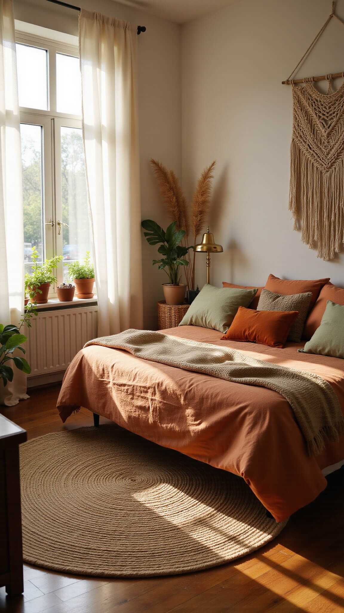 Sunlit boho bedroom at golden hour with terracotta linens, earth-toned pillows, macramé wall hanging, and vintage accents in sage, rust, cream, and ochre.