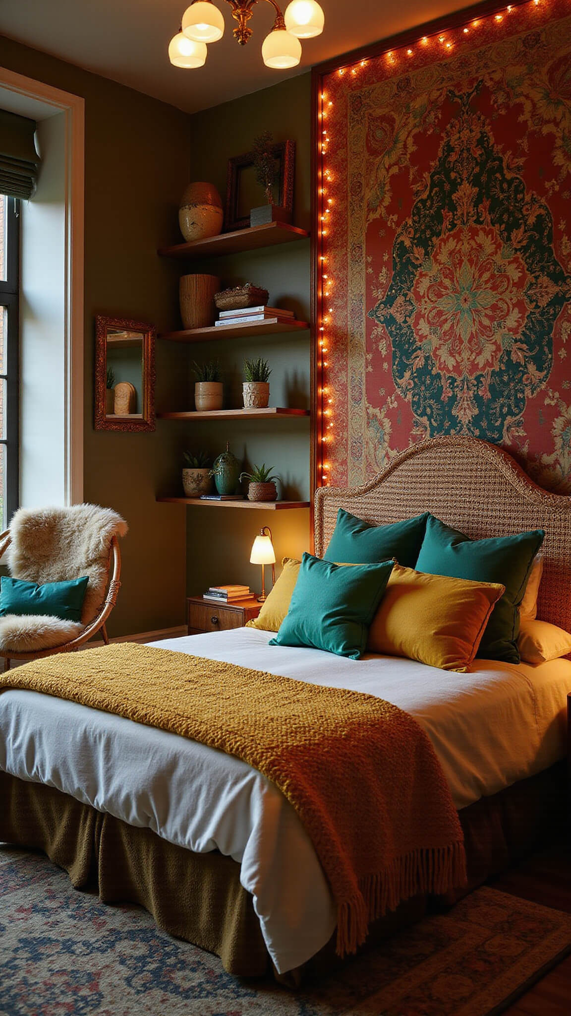 Cozy 10x12ft bedroom at dusk with twinkle lights, tapestry headboard, vintage mirror, layered bedding in jewel tones, rattan chair with sheepskin, and floating shelves with artifacts and air plants.