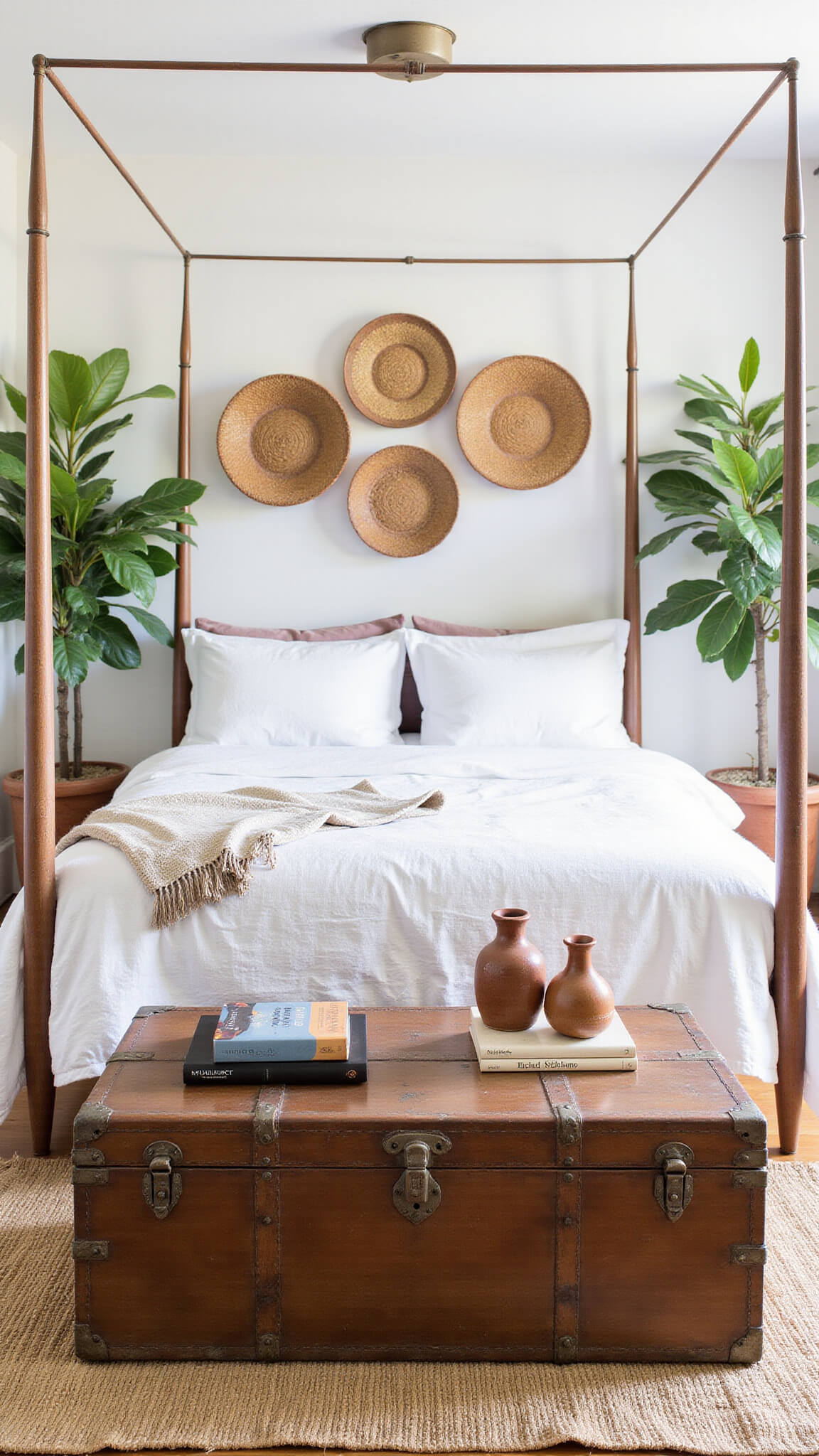 Sunlit bedroom with white rumpled four-poster bed, Moroccan wedding blanket, potted greenery, wall baskets, vintage trunk, and layered rugs in natural tones.