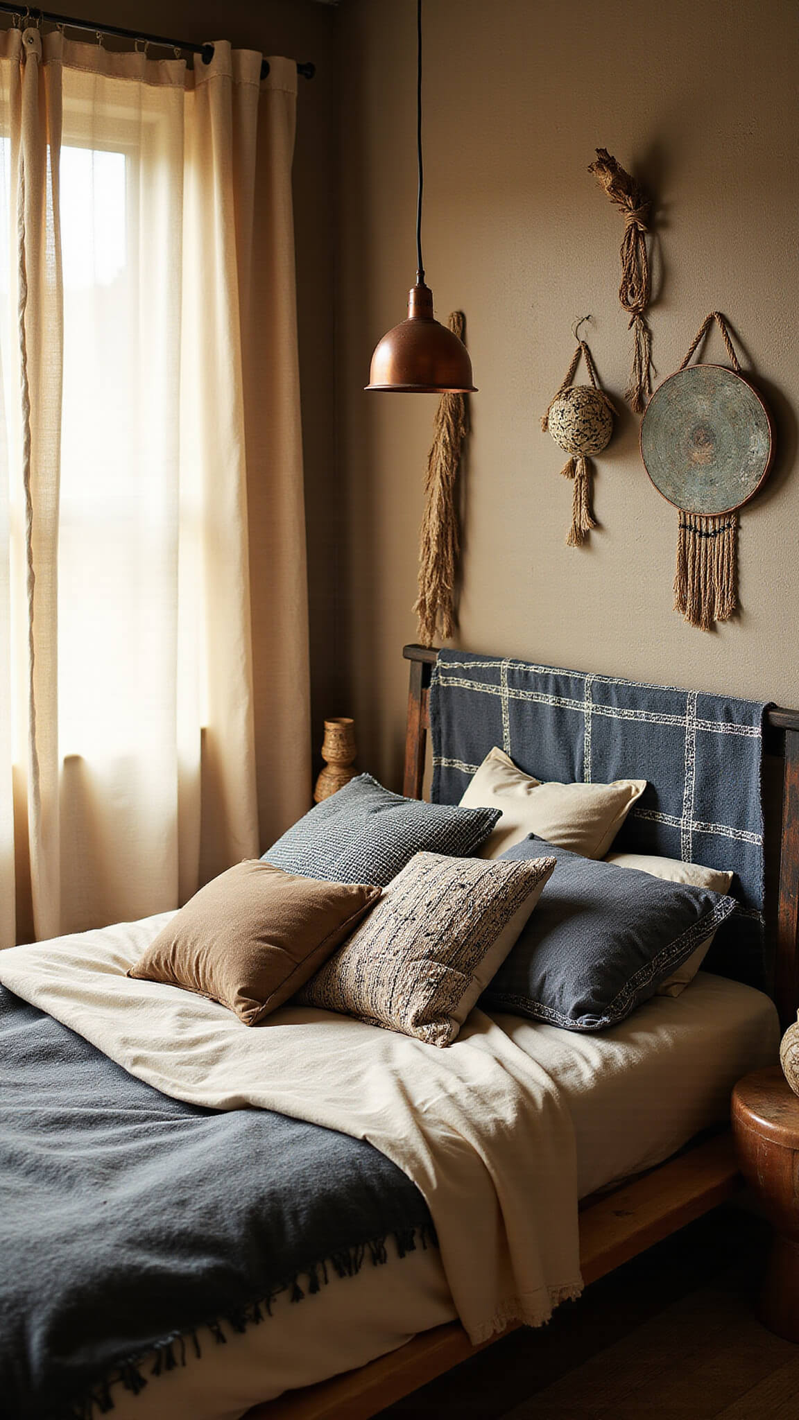 Cozy late afternoon bedroom with golden light filtering through muslin curtains onto a platform bed with indigo tapestry headboard, vintage mud cloth pillows, copper pendant light, weathered leather pouf, and ceramic side table in a space featuring raw cotton, aged metals, and painted woods.