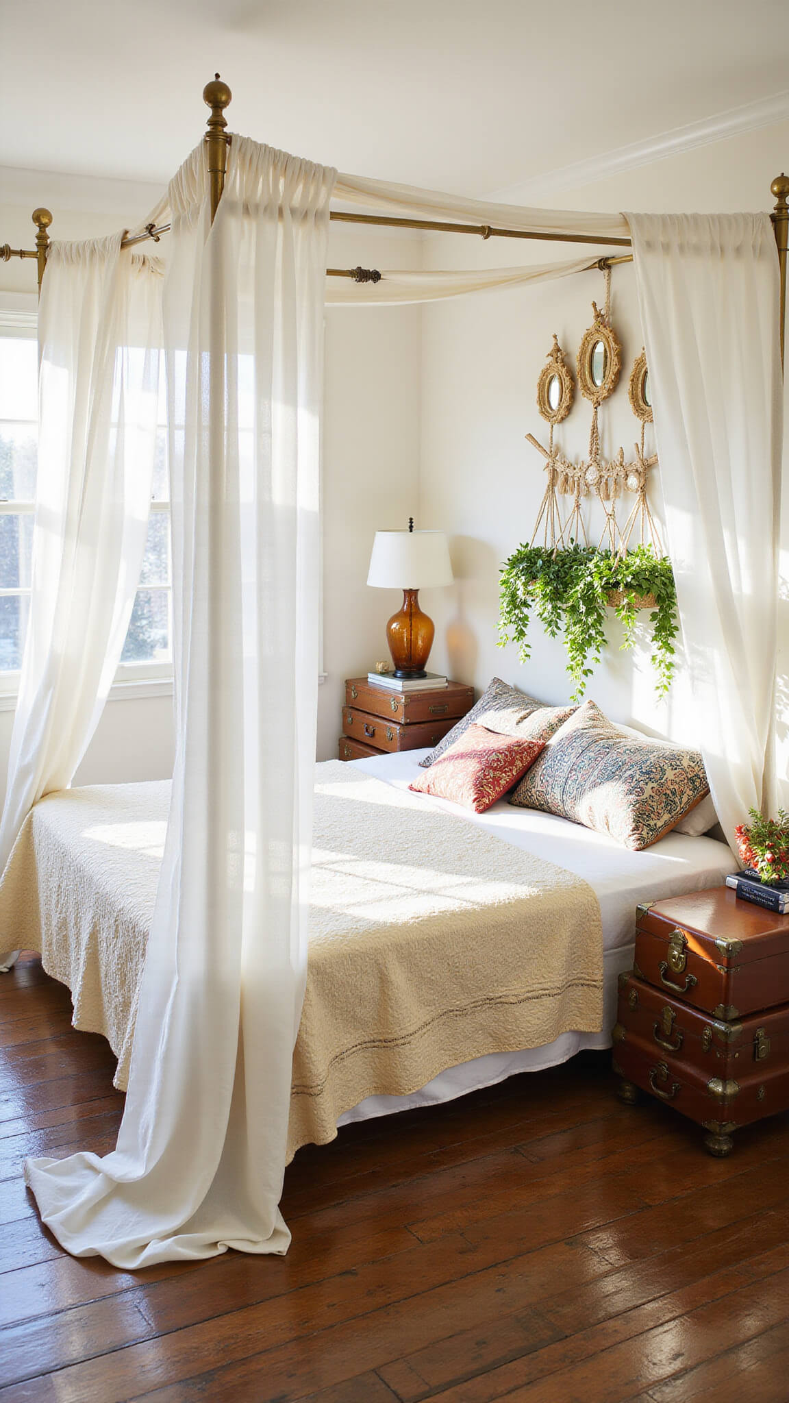 Sunlit bedroom with canopy bed draped in sheer white fabric, vintage Moroccan quilt, brass mirrors above bed, stacked suitcase nightstand with amber lamp, and macramé hangers holding ivy.