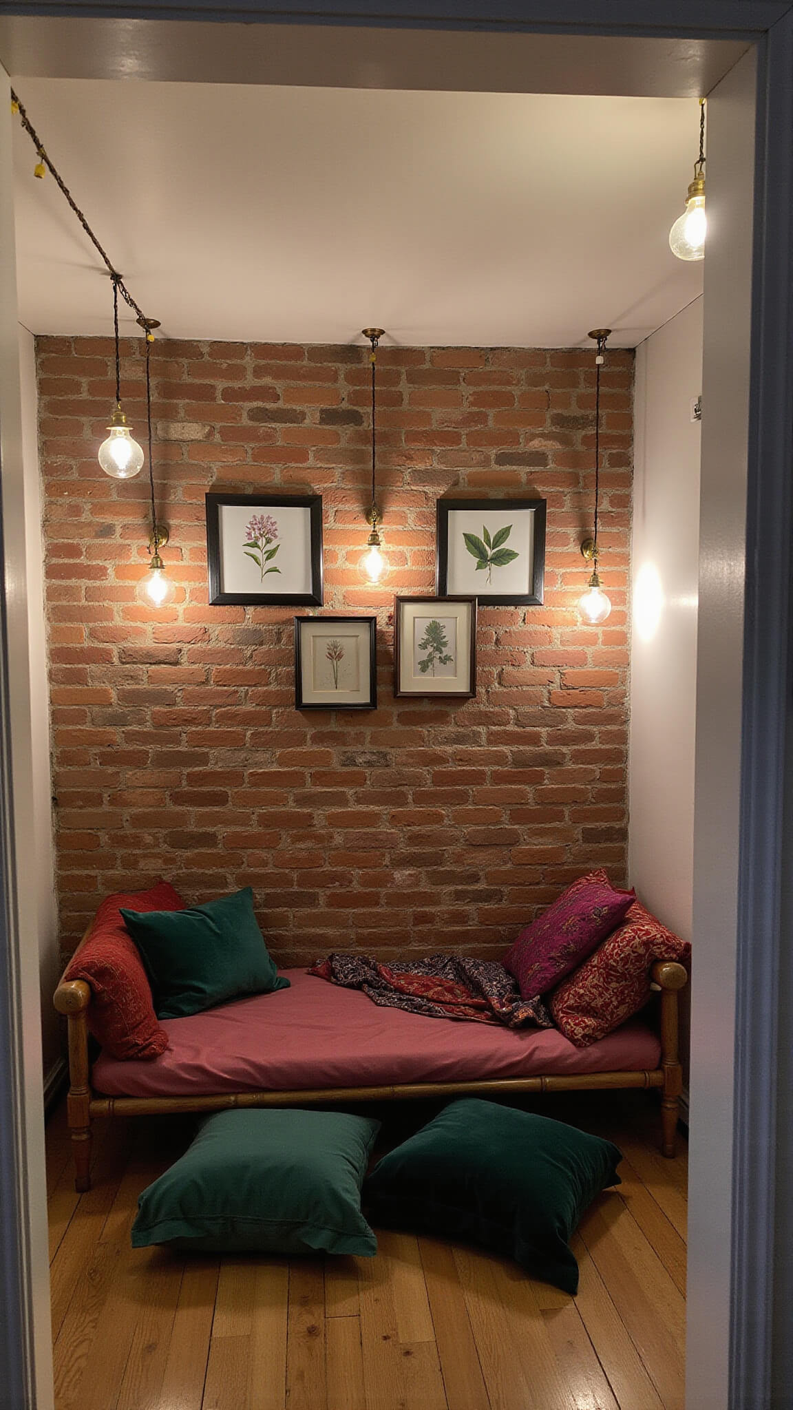 Cozy early evening bedroom with soft string lights on exposed brick wall, futon with silk and vintage quilts, velvet floor cushions, brass lanterns, and framed botanical prints in plum, emerald, brass, and deep rose tones.