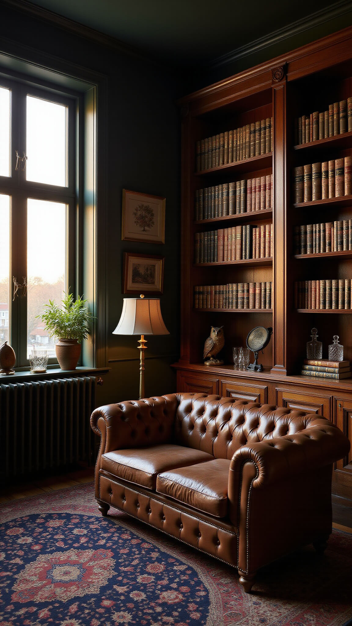 Moody Victorian home library at dusk with rich shadows, green walls, tall bookshelves, and golden hour light illuminating a leather Chesterfield sofa and vintage decor.