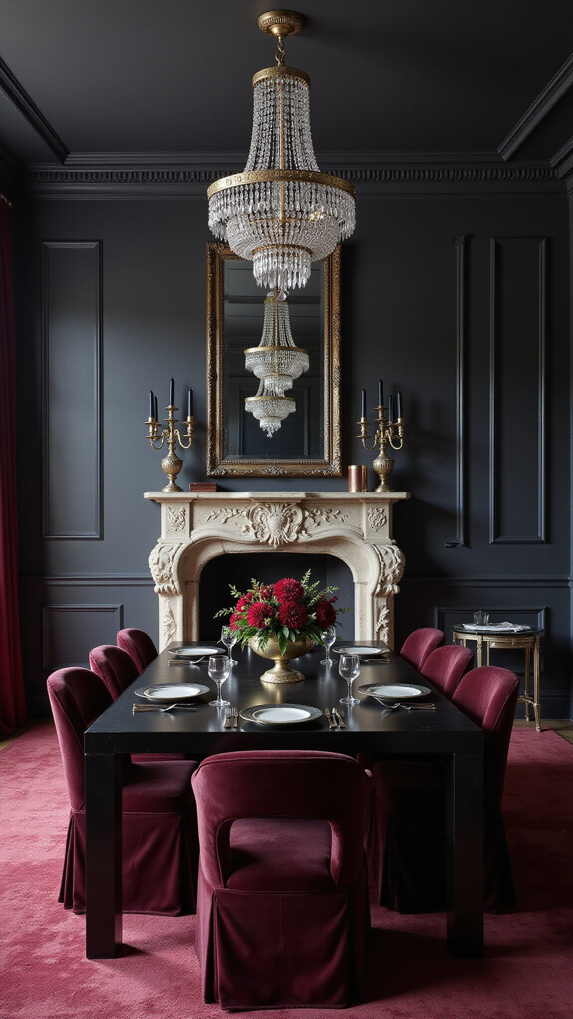 Modern gothic dining room with matte black walls, crystal chandelier, aubergine velvet chairs, ebony table, black candles in silver candelabras, dark floral centerpiece, and a large antiqued mirror reflecting moody light.