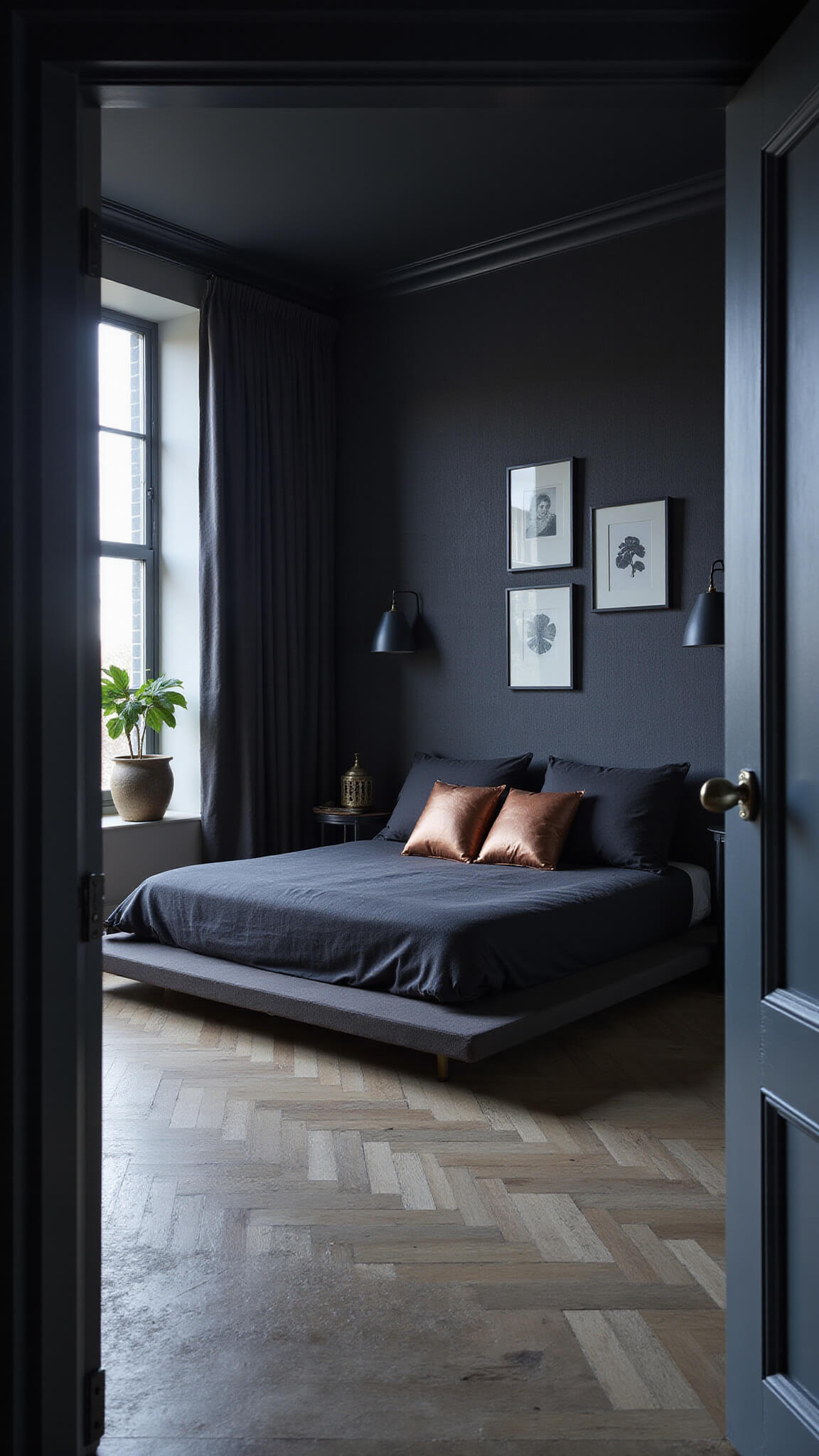 Minimalist dark bedroom with platform bed, black bedding, copper pillows, vintage photo frames, matte black pendant lights, and monstera plant in bronze pot, bathed in early morning blue light.