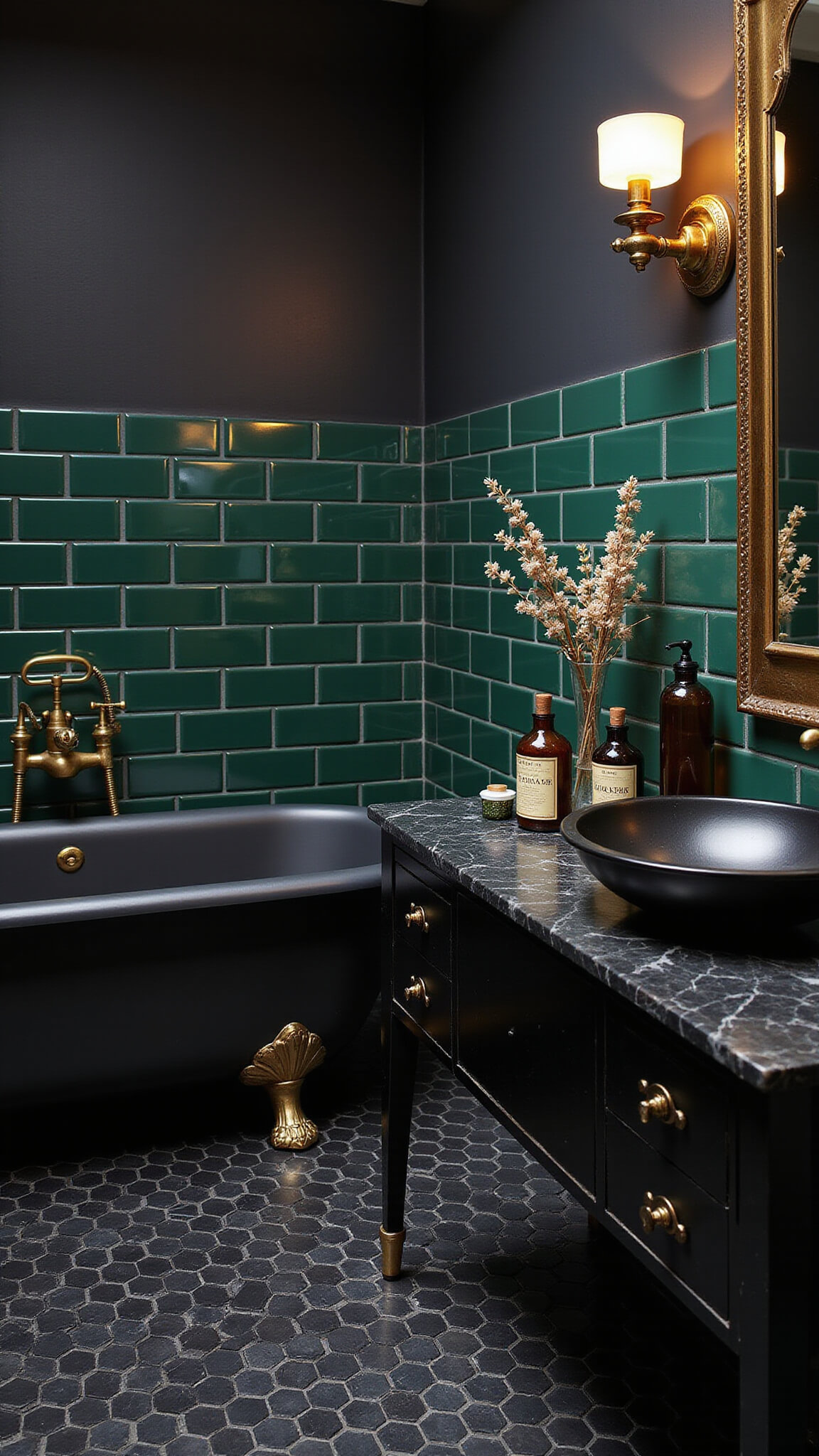 Art Deco-style dark bathroom with black marble hex tile floor, emerald subway walls, brass fixtures, matte black clawfoot tub with gold feet, and vintage decor elements.