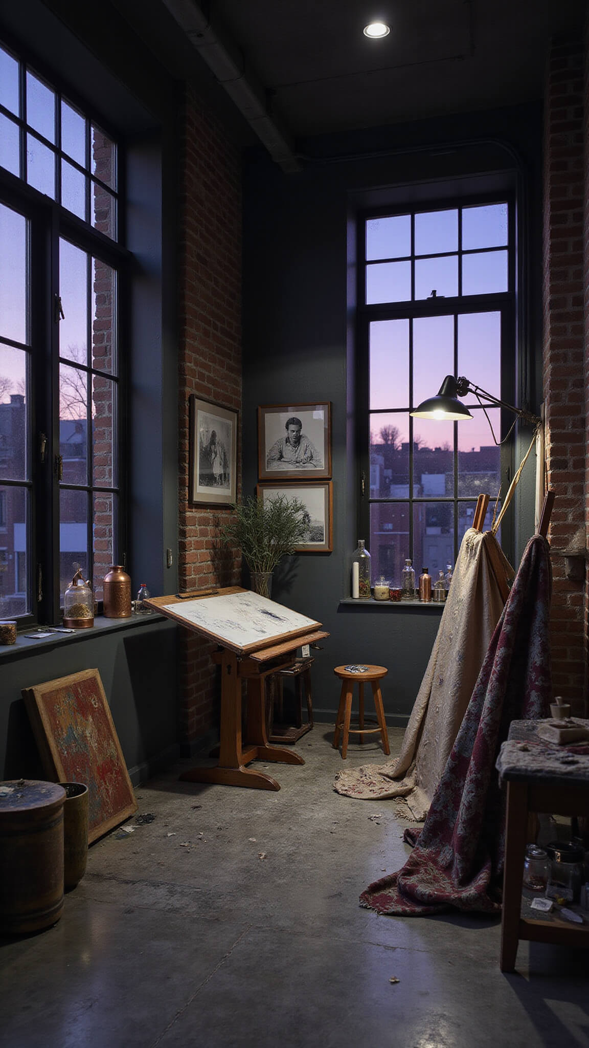 Moody artist's studio at twilight with industrial windows, vintage drafting table, textured drop cloths, and art supplies in copper and glass containers.