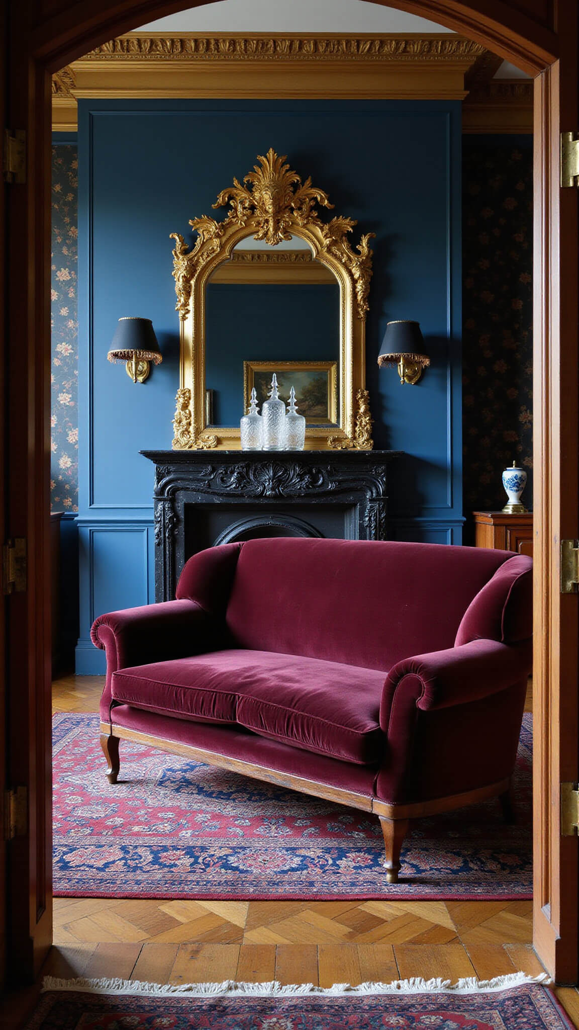 Gothic revival sitting room with midnight blue walls, ornate gold molding, deep red velvet settee, black marble fireplace, gilded mirror, crystal decanters, floral accent wall, brass lamps, and layered jewel-toned rugs.