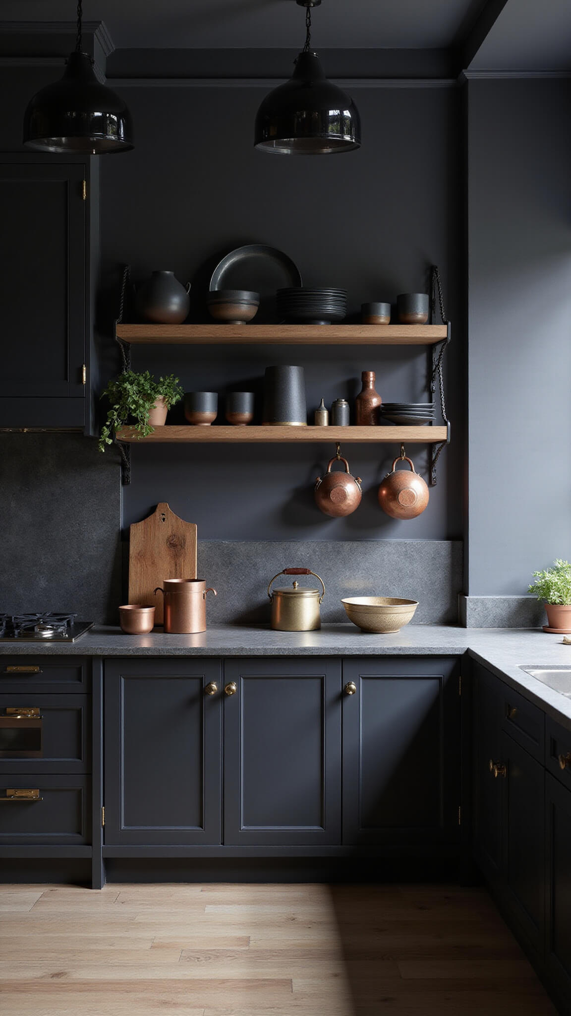 Modern dark kitchen with matte black cabinets, aged brass hardware, soapstone surfaces, copper pots, smoked glass pendant lights, and vintage ceramic display on open shelves.