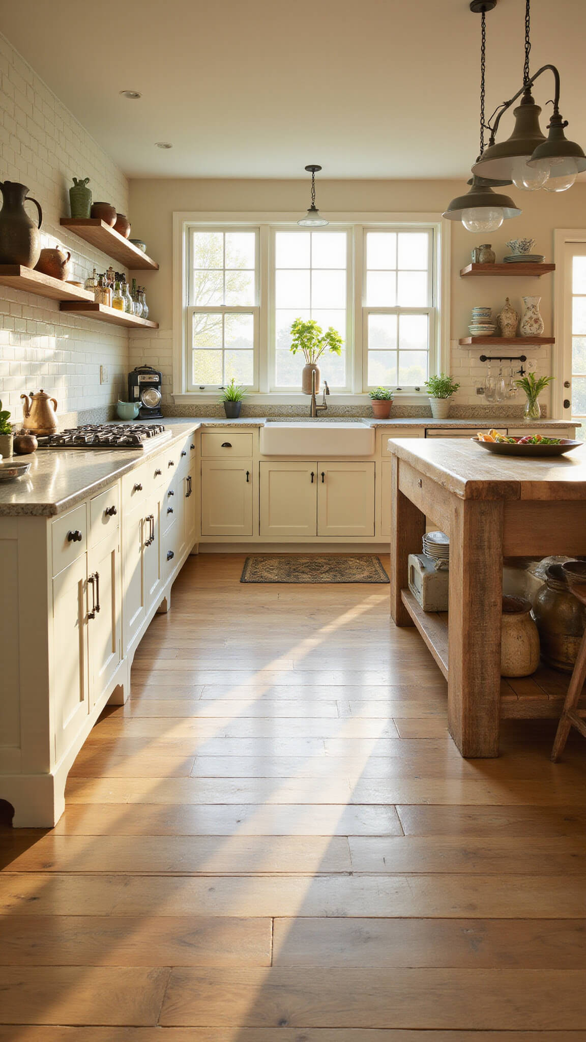 Farmhouse kitchen with golden hour sunlight, white oak floors, Sea Haze walls, maple butcher block island, vintage pendant lights, and open shelving with ironstone and copper cookware.