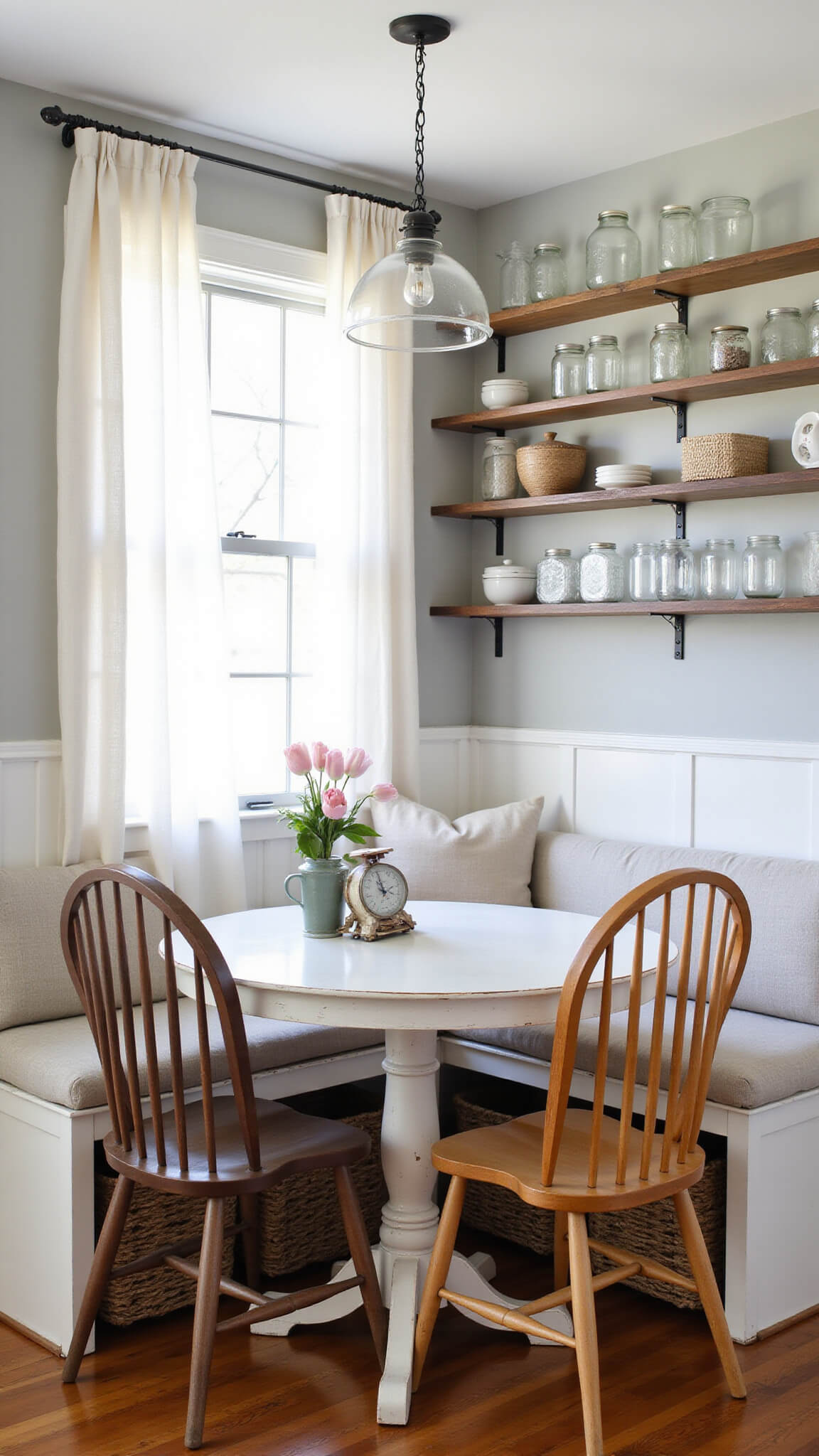 Cozy farmhouse kitchen nook at dawn with white round table, mixed Windsor chairs, built-in window seat, sheer curtains, and vintage details.