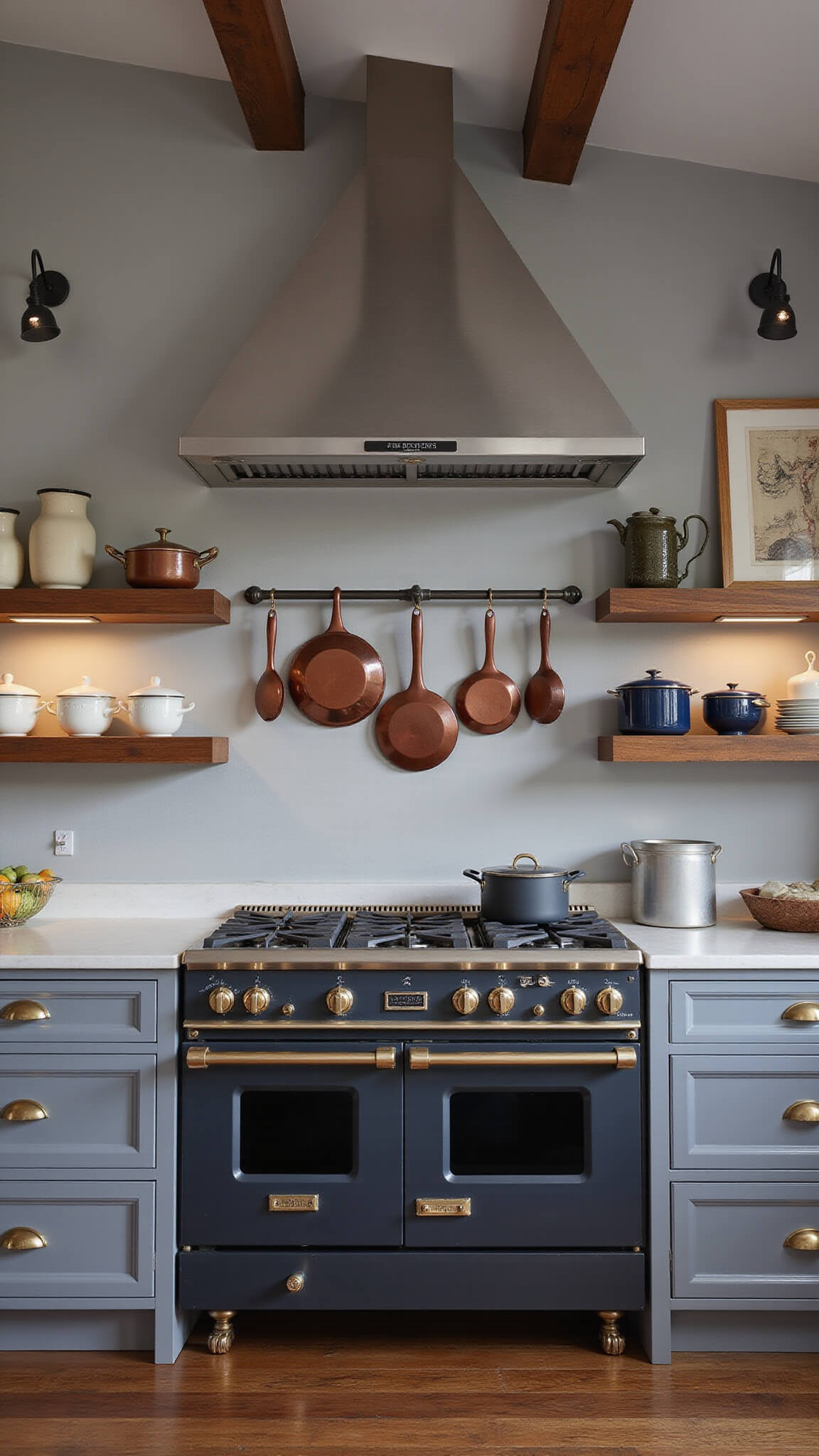 Professional 10x12ft kitchen at dusk with matte black range, brass hardware, copper pots, soapstone counters, reclaimed wood shelves, and vintage enamelware against gray walls.