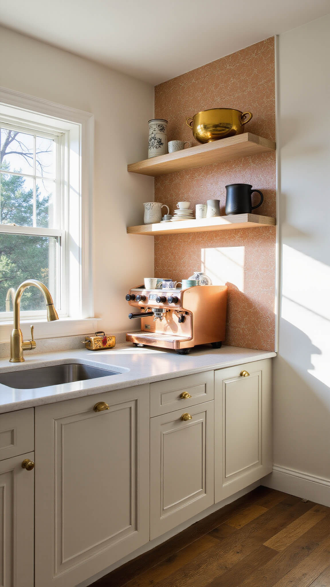 Low-angle view of a sunlit coffee station with tall greige cabinetry, terra-cotta arabesque tile backsplash, floating wood shelves showcasing pottery mugs and vintage tins, and a copper espresso machine as the centerpiece.
