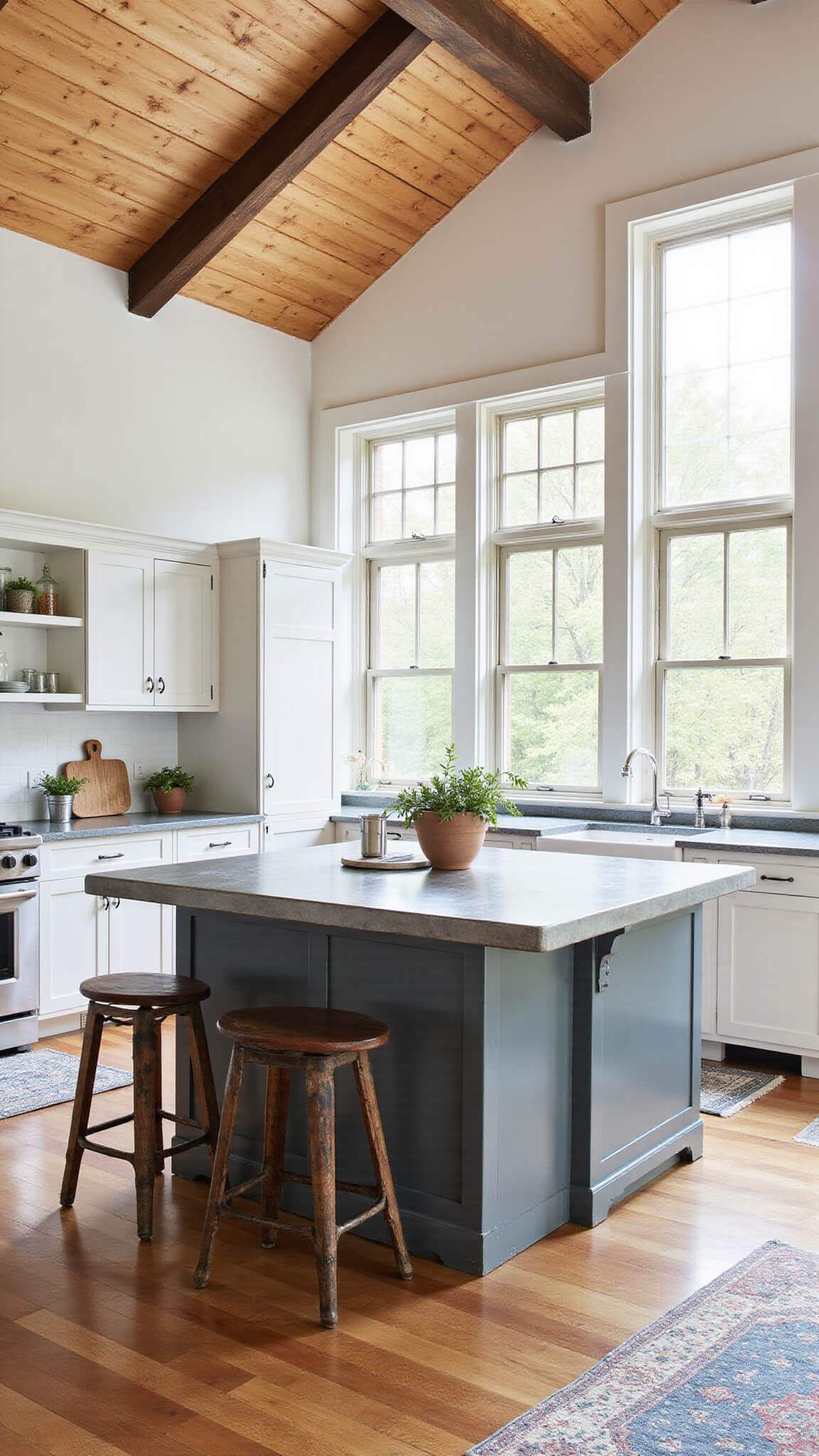 Open concept farmhouse kitchen with vaulted ceiling, zinc island, industrial stools, white oak floors, vintage blue runner, and large windows flooding space with natural light.