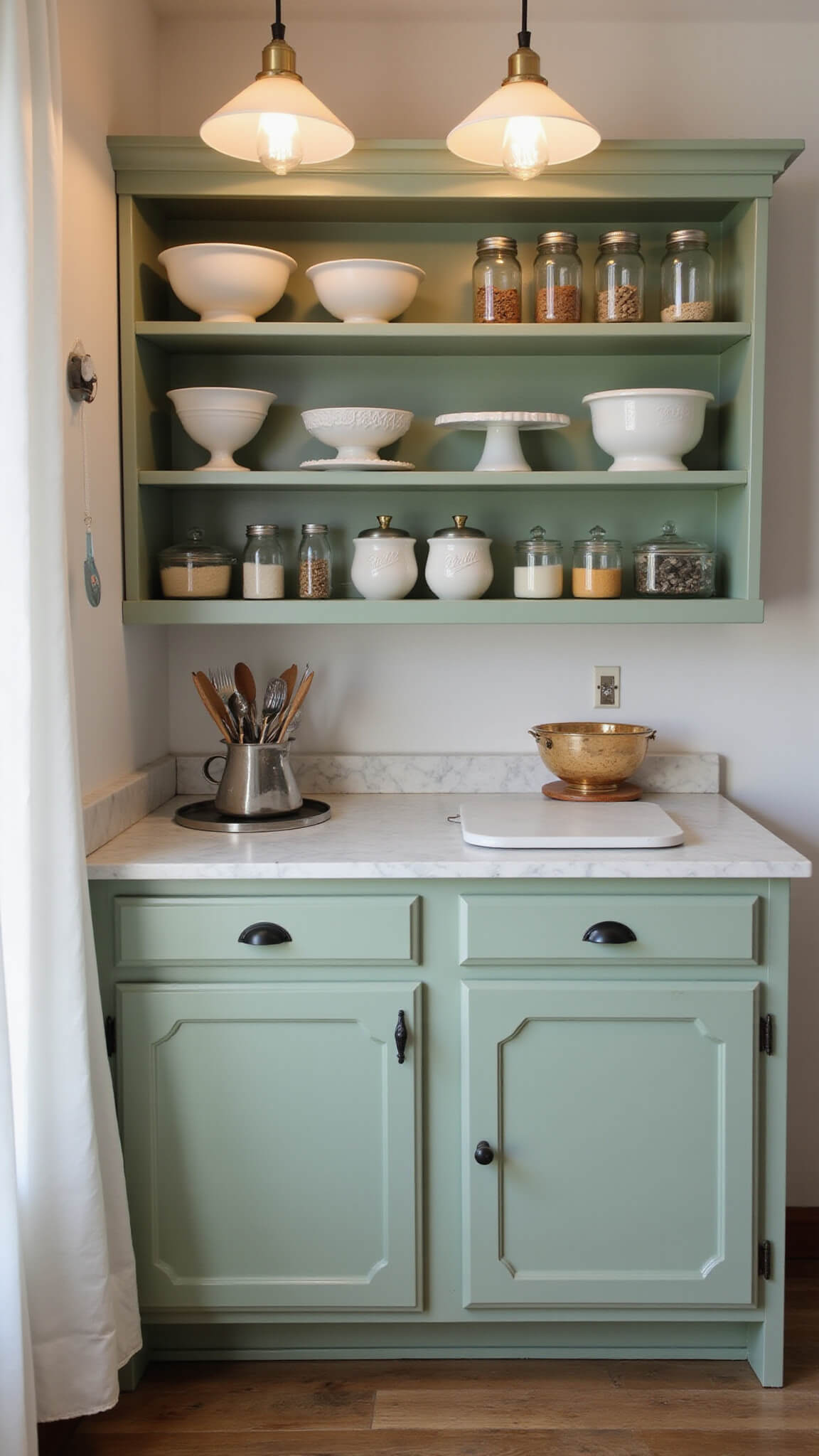 Cozy 8x10ft baking station with sage green cabinets, marble countertop, vintage bowls and cake stands, and open shelves displaying mason jars and cake molds under soft pendant lighting.