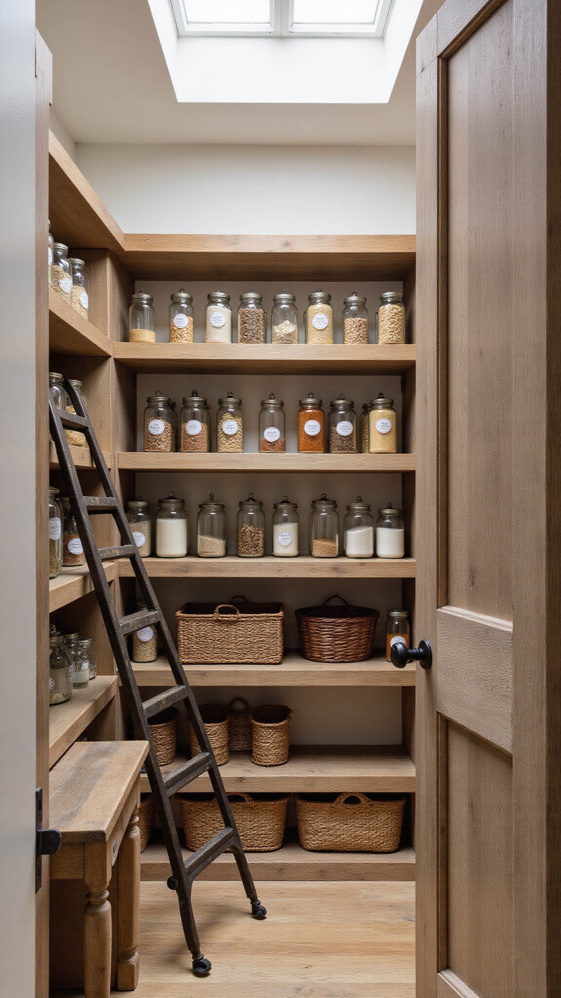 Pantry with floor-to-ceiling weathered wood shelves, glass canisters, vintage baskets, and oil-rubbed bronze rolling ladder under skylight lighting.