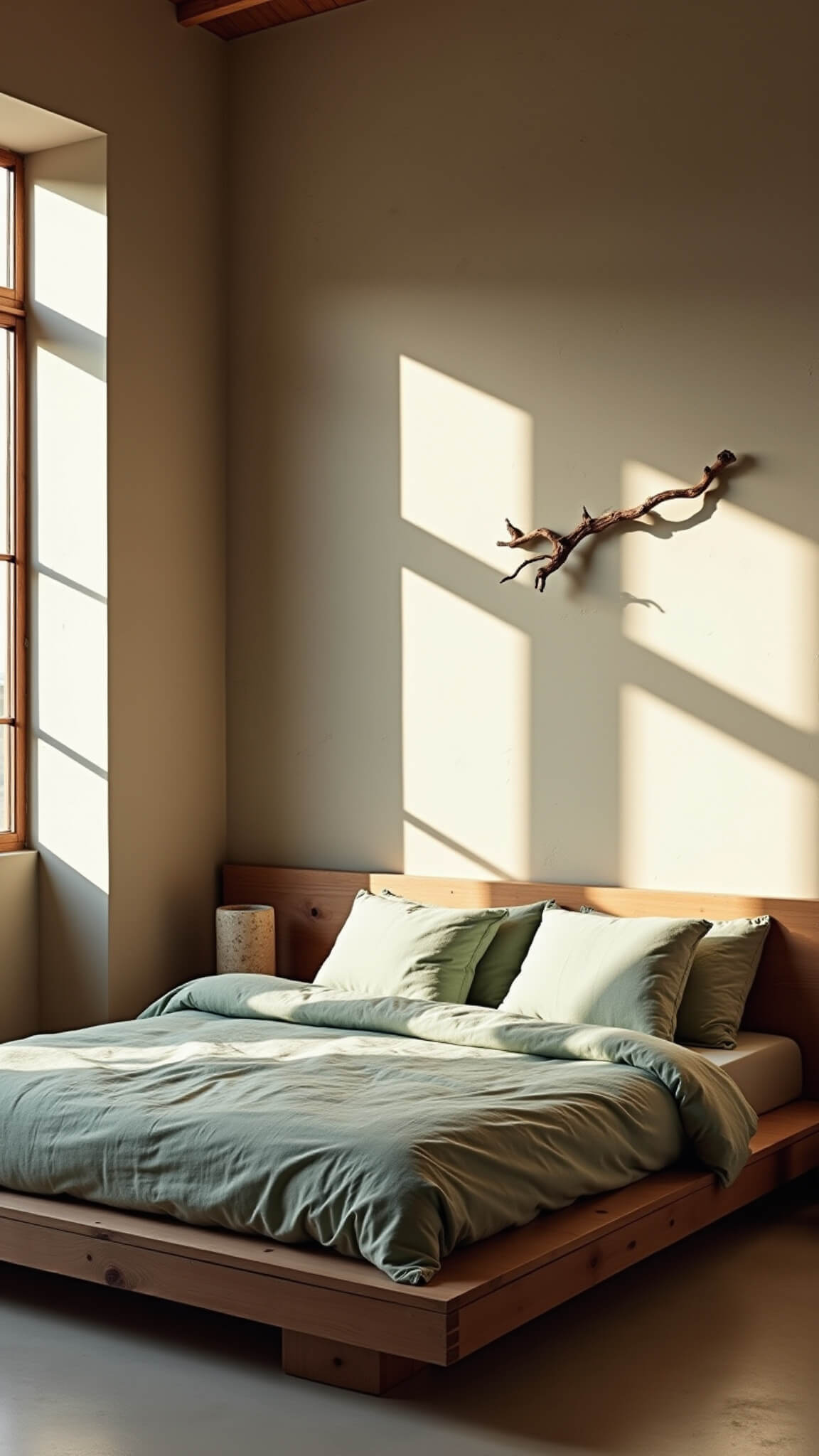 Minimalist zen bedroom with reclaimed timber platform bed, sage green linen, ceramic side tables, driftwood wall art, and soft afternoon light casting shadows across plastered walls.