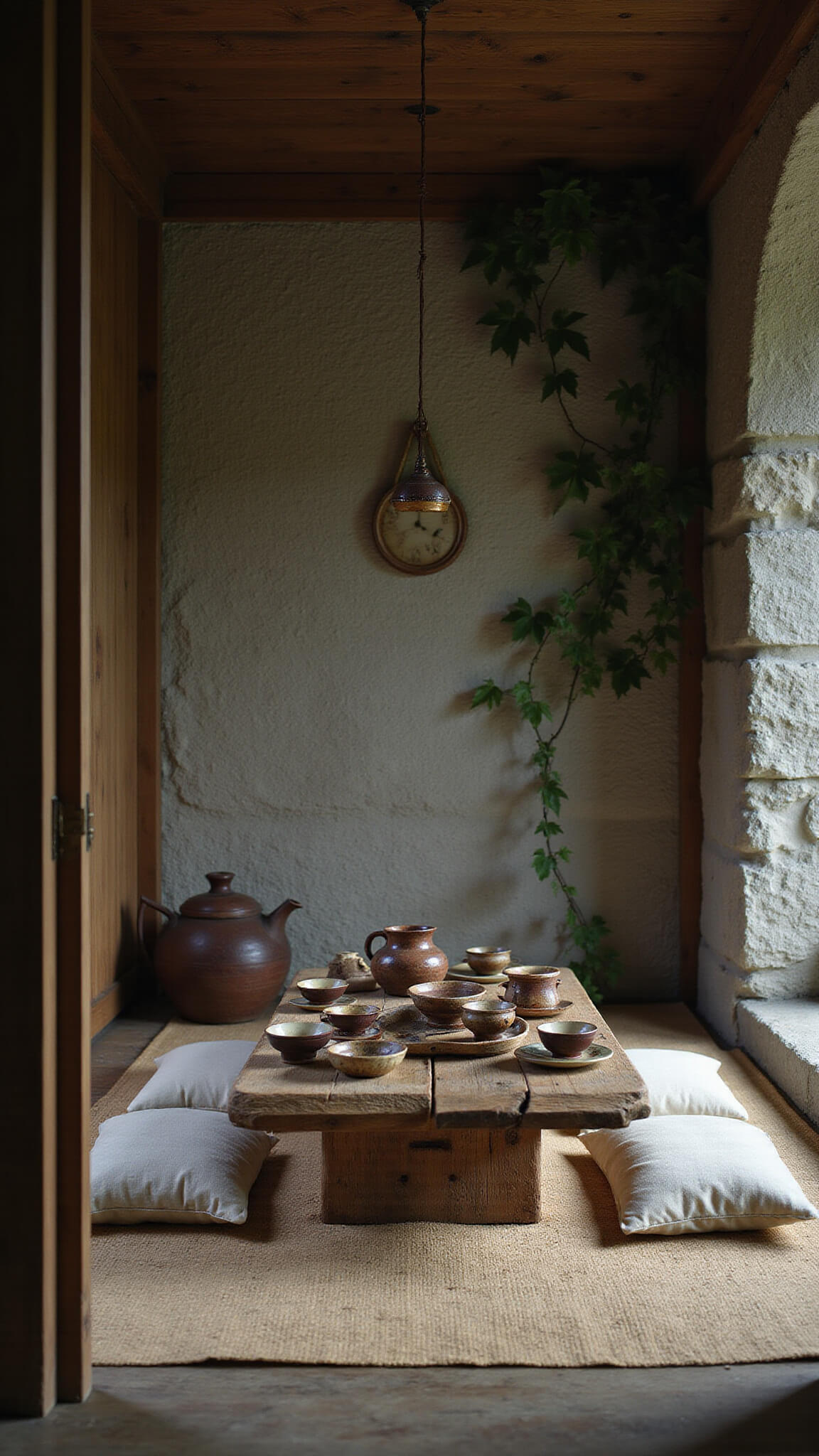 Rustic meditation tea nook with worn wooden table, silk floor cushions, ceramic teaware, stone wall with ivy, and soft natural lighting.
