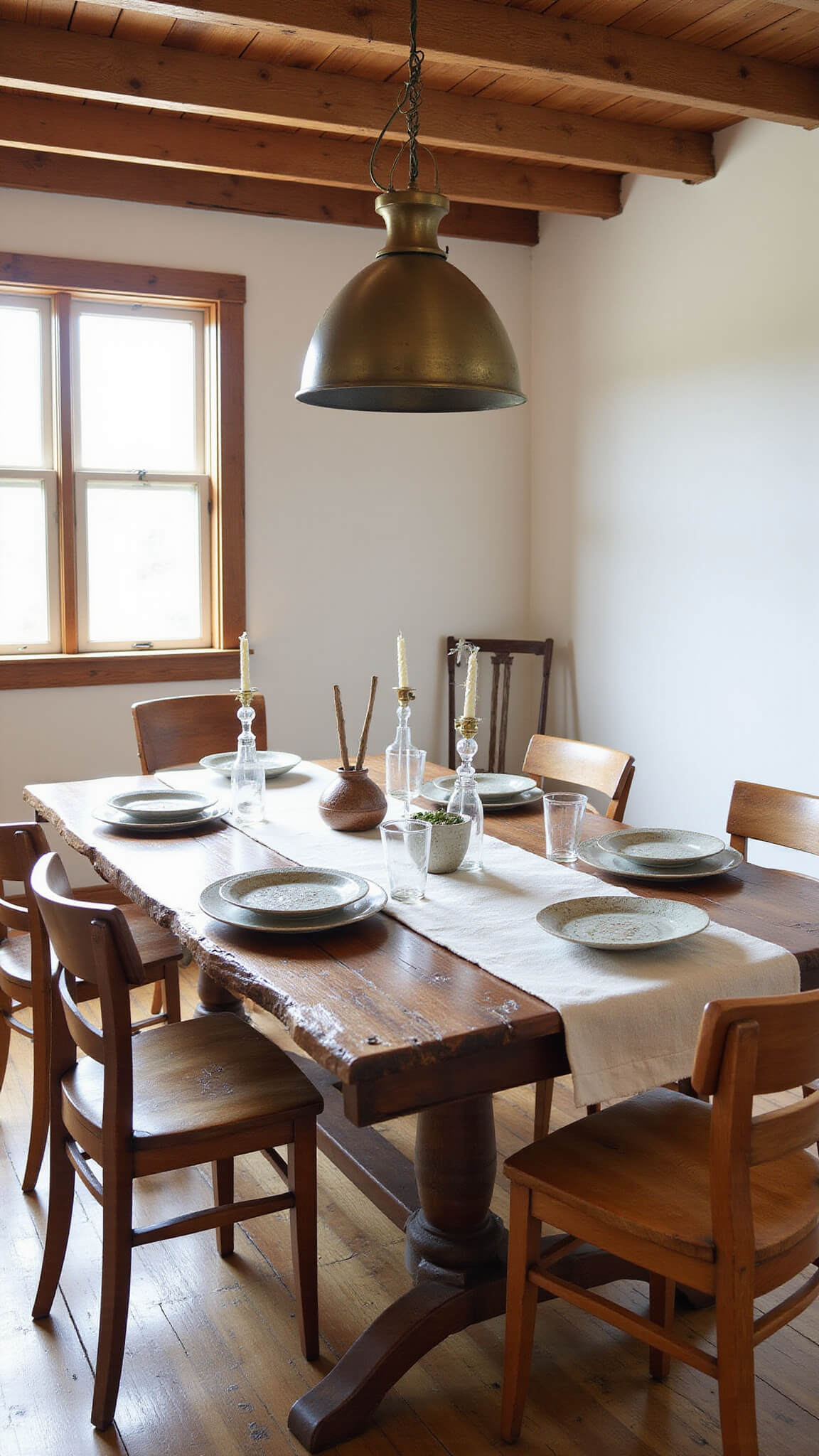 Rustic dining space with live-edge walnut table, mismatched vintage chairs, brass pendant light, ceramic plates, aged linen tablecloth, and dried herbs hanging from exposed beams.