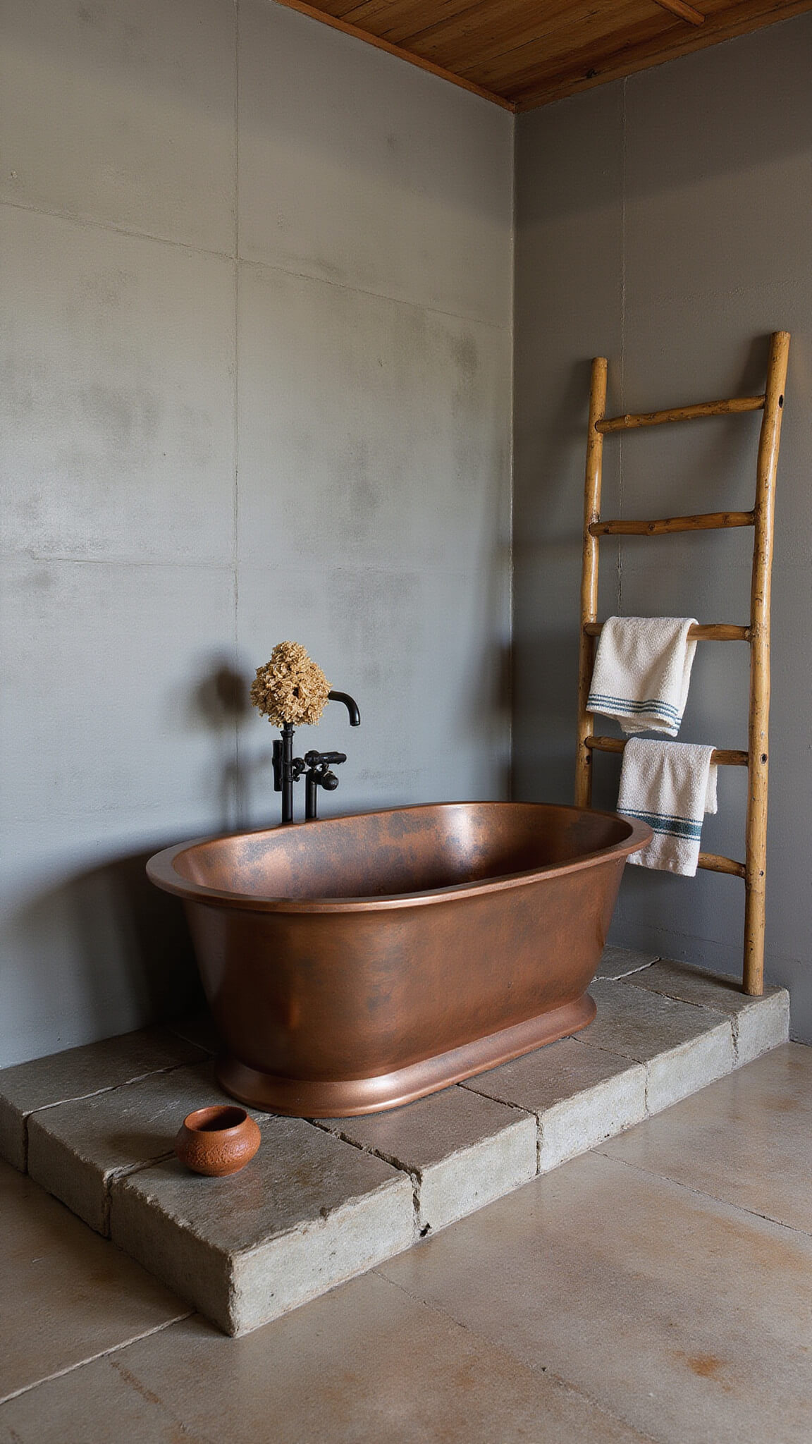 Artisan bathroom with freestanding copper tub on stone tiles, hand-troweled concrete walls, bamboo towel rack, and ceramic vessels with dried botanicals.