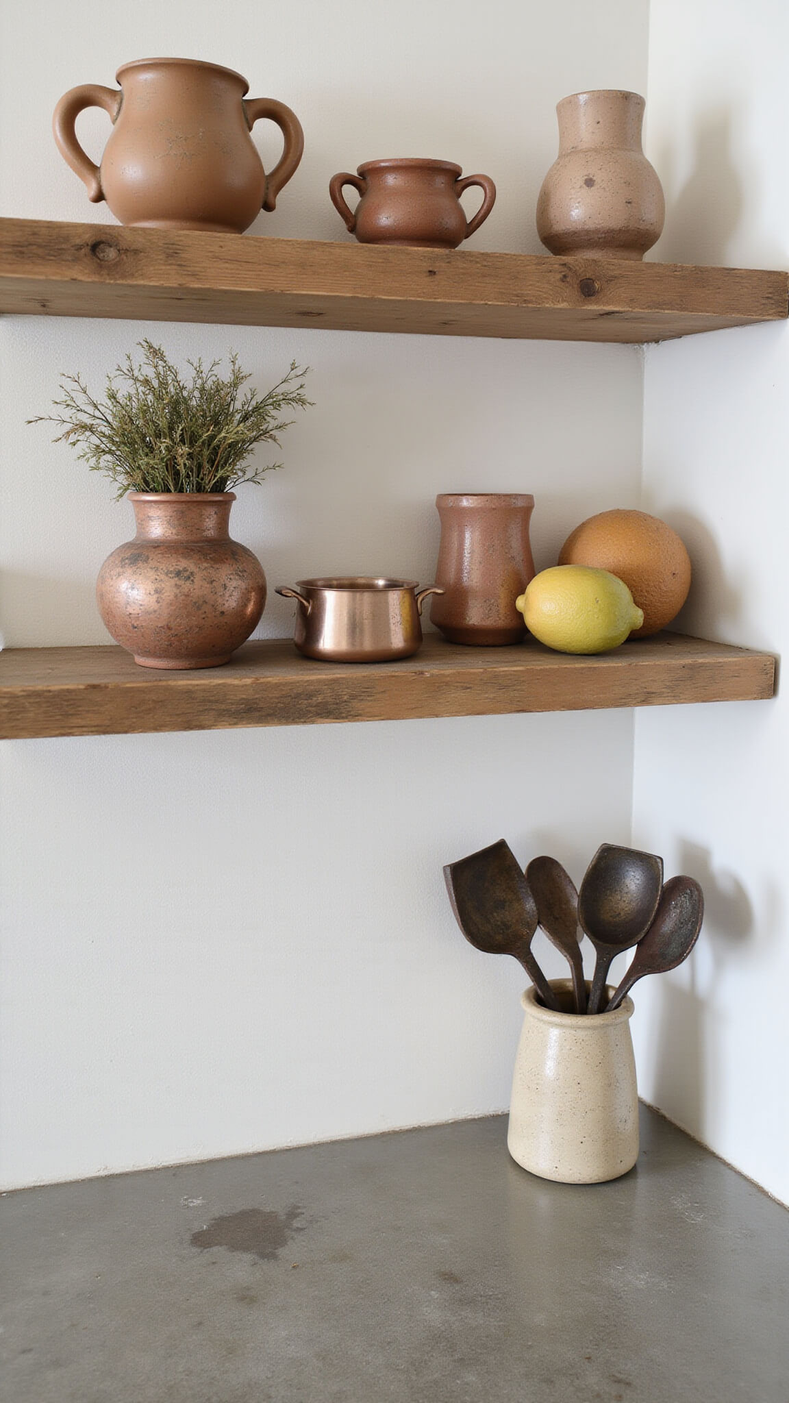 Rustic kitchen corner with reclaimed wood shelves, handmade pottery, dried herbs, and aged copper utensils above a textured concrete countertop.