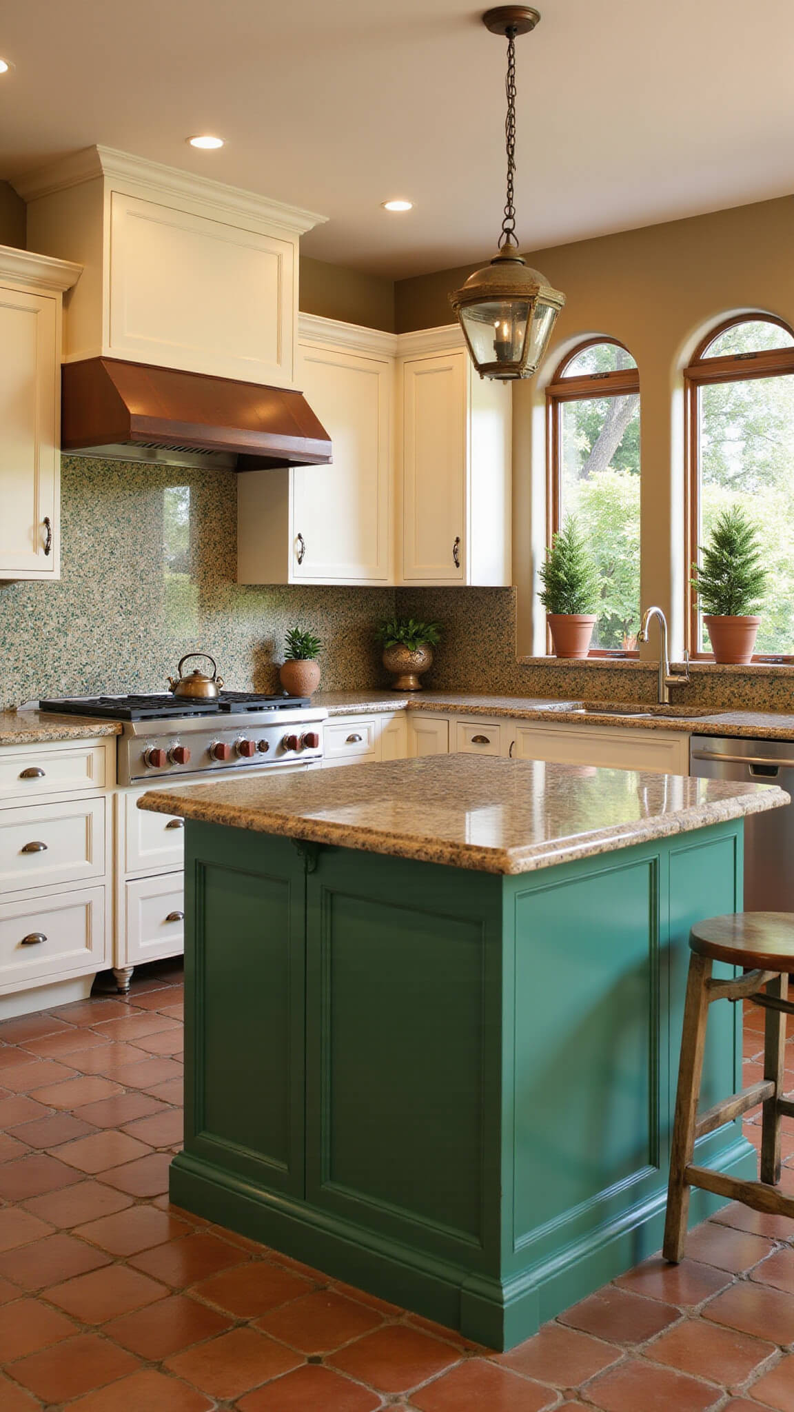 Mediterranean-style 15x18ft kitchen with emerald green island, cream cabinets, terracotta floor, copper fixtures, zellige tile backsplash, and potted olive trees, lit by late afternoon sun through arched windows.