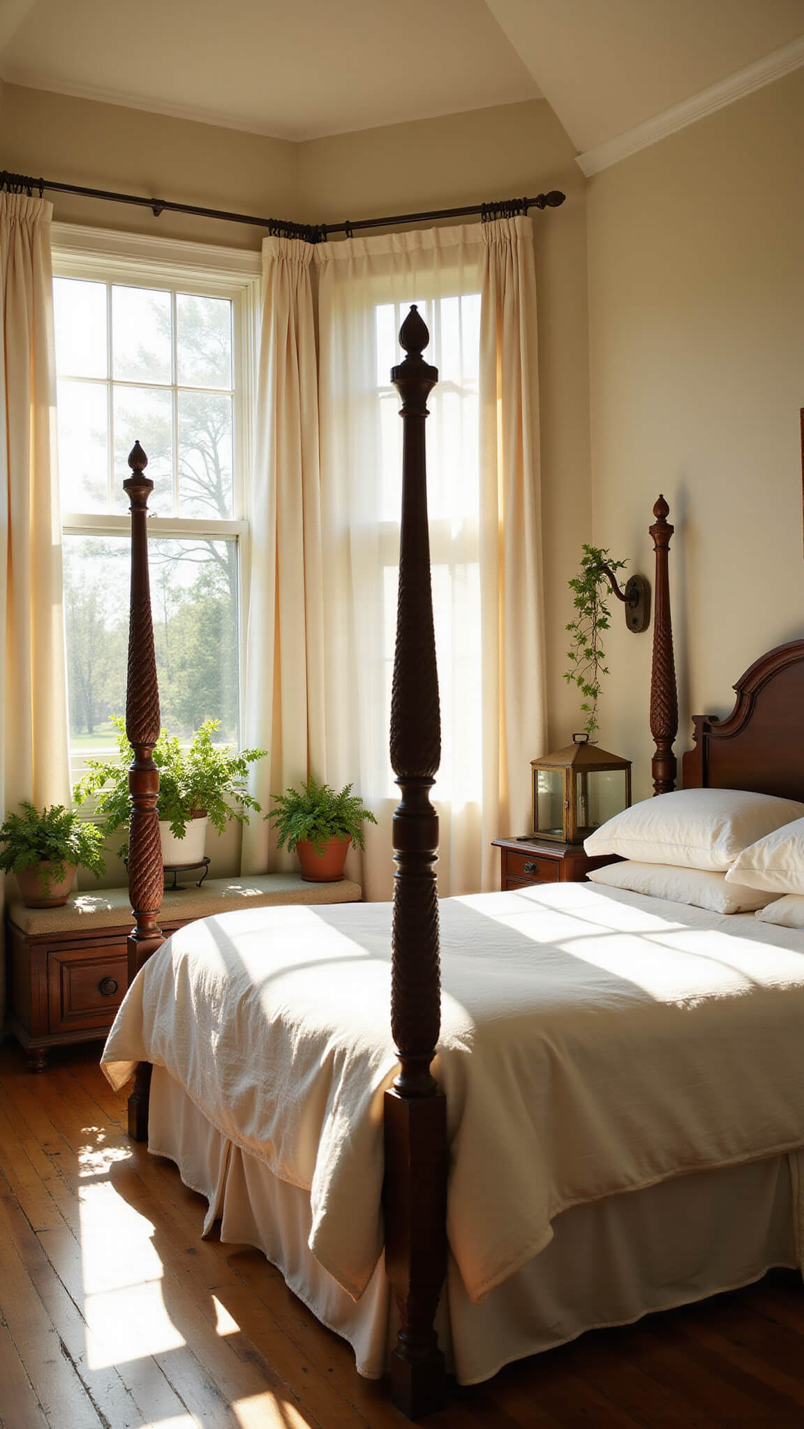 Sunlit bedroom with vaulted ceilings, four-poster bed, sheer curtains, lush greenery, and golden hour light streaming through windows.
