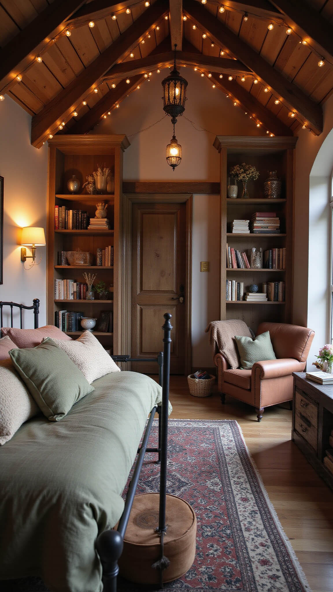 Cozy twilight bedroom nook with antique iron bed, fairy lights, wooden beams, leather armchair by tall bookshelves, and soft sunset glow.