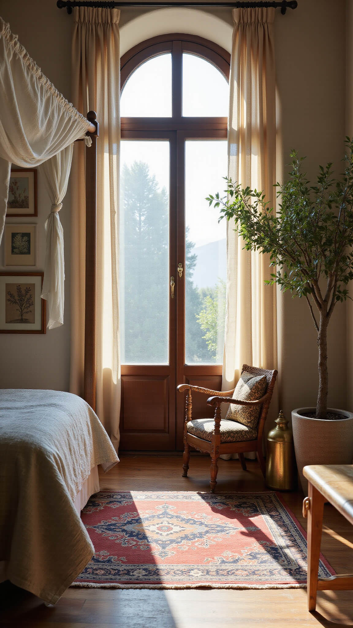 Canopy bed with gauzy drapes in softly lit bedroom, arched windows, vintage rug, potted olive trees, and misty morning view.