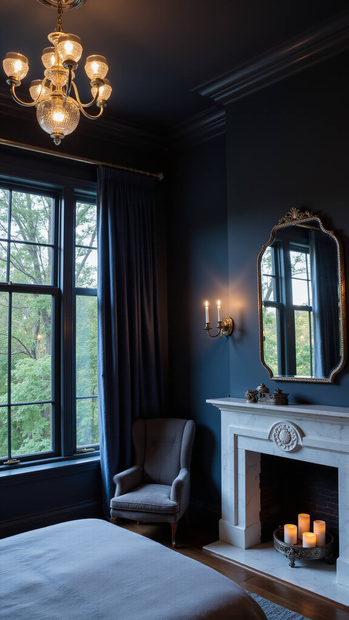 Moody evening bedroom with navy walls, silver furniture, crystal chandelier, velvet curtains, and candlelit marble fireplace.