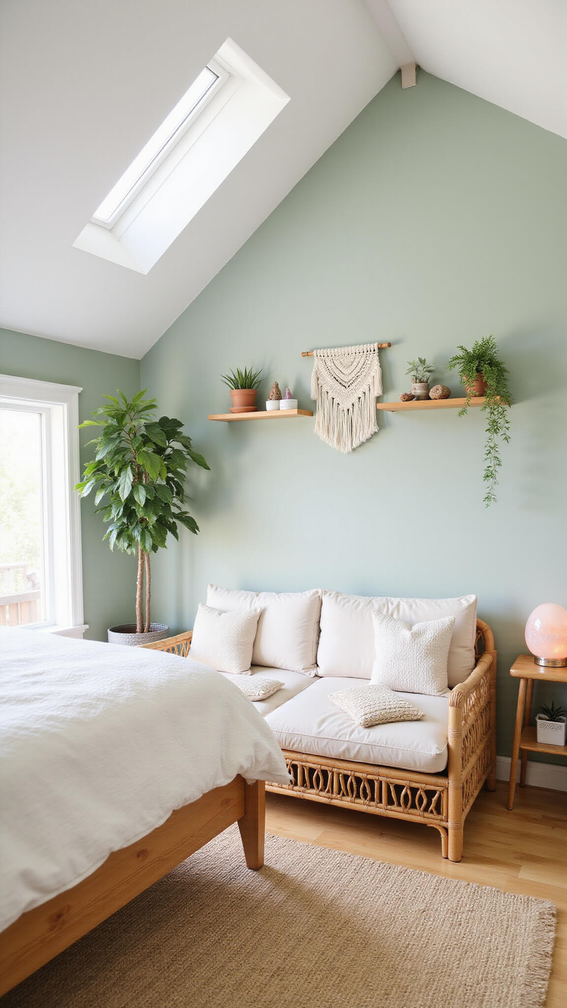 Top-down view of a 13x15ft bedroom with sage walls, rattan furniture, macramé decor, jute rug on bamboo floor, floating shelves with crystals and plants, and a cozy meditation corner with floor cushions and Himalayan salt lamp.