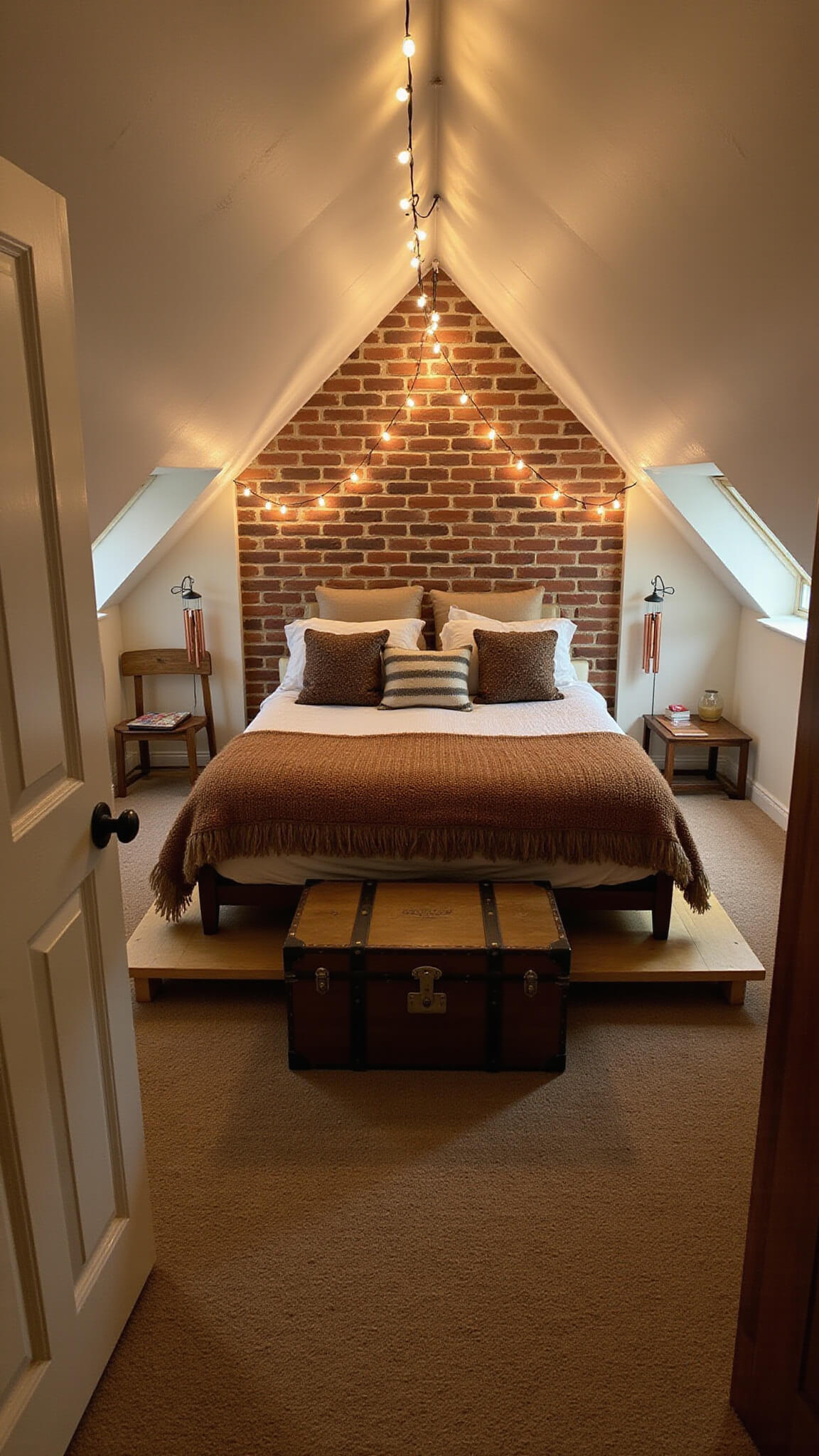 Cozy attic bedroom with exposed brick wall, string lights on sloped ceiling, earth-toned platform bed, vintage trunk nightstand, and copper wind chimes at dusk.