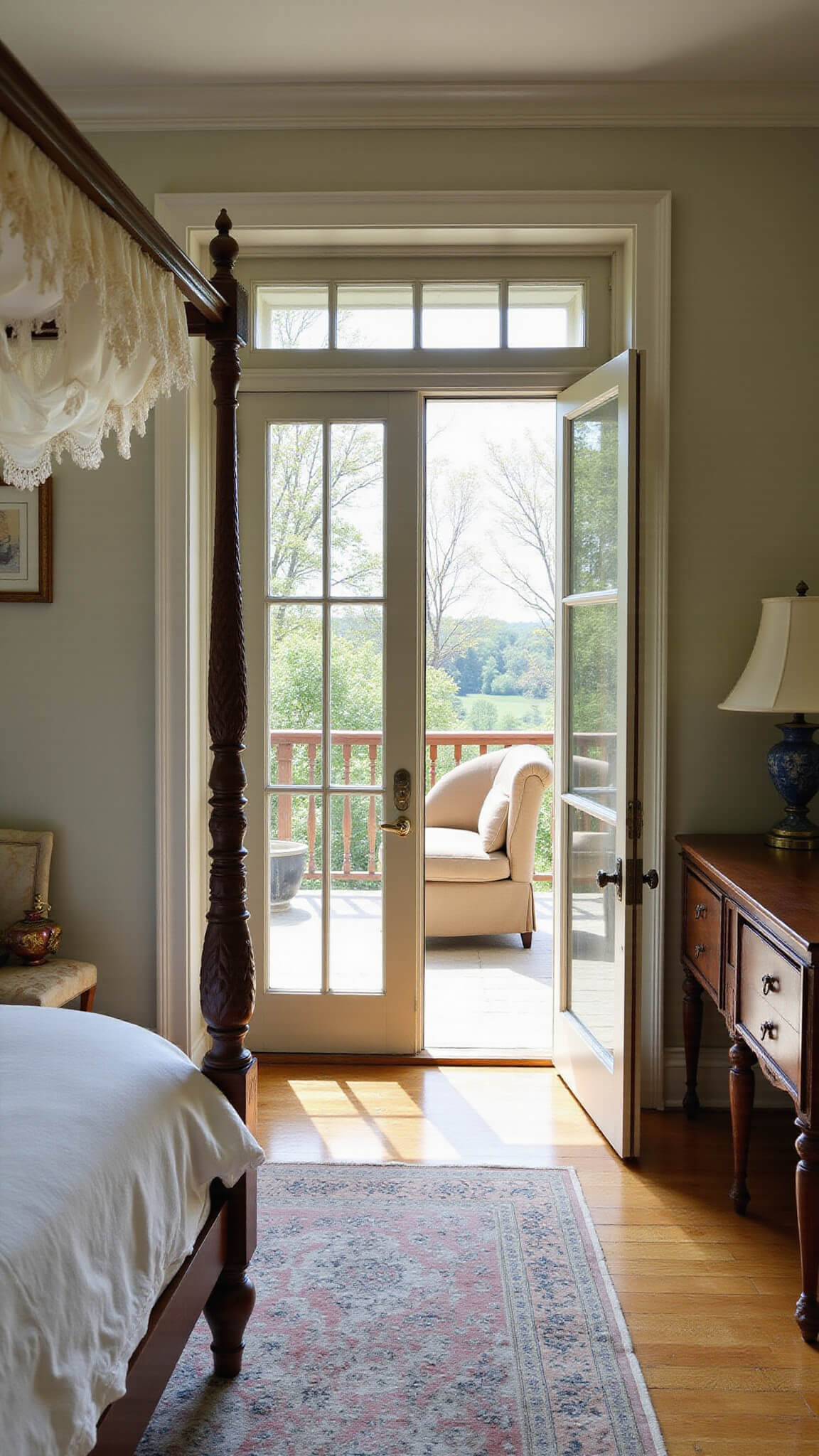 Master bedroom with four-poster bed, antique vanity, and velvet chaise, bathed in morning light through French doors opening to a wisteria-covered balcony.