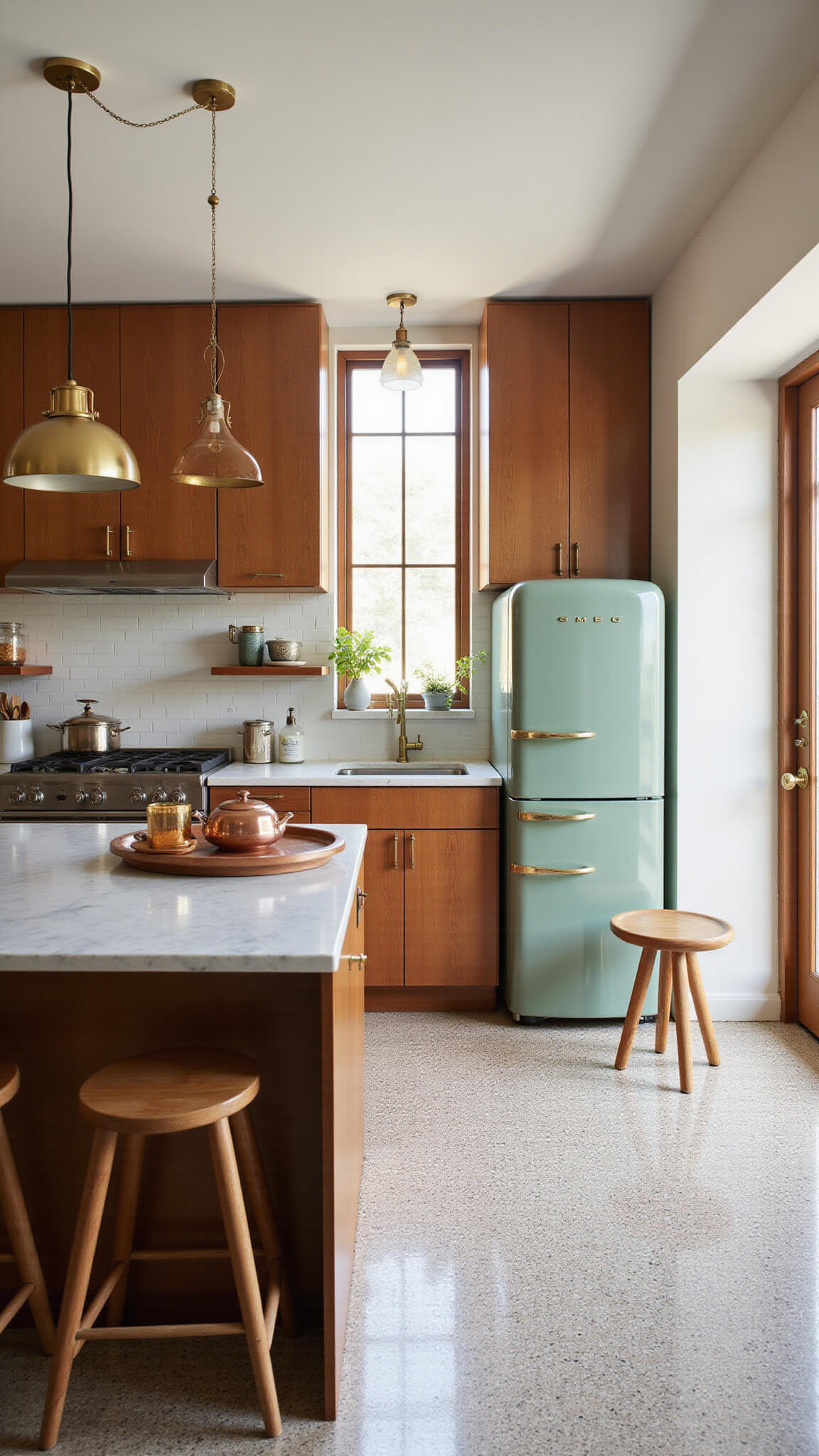 Mid-century modern kitchen with walnut cabinets, marble island, terrazzo floors, and copper cookware lit by soft morning sun through west-facing windows.