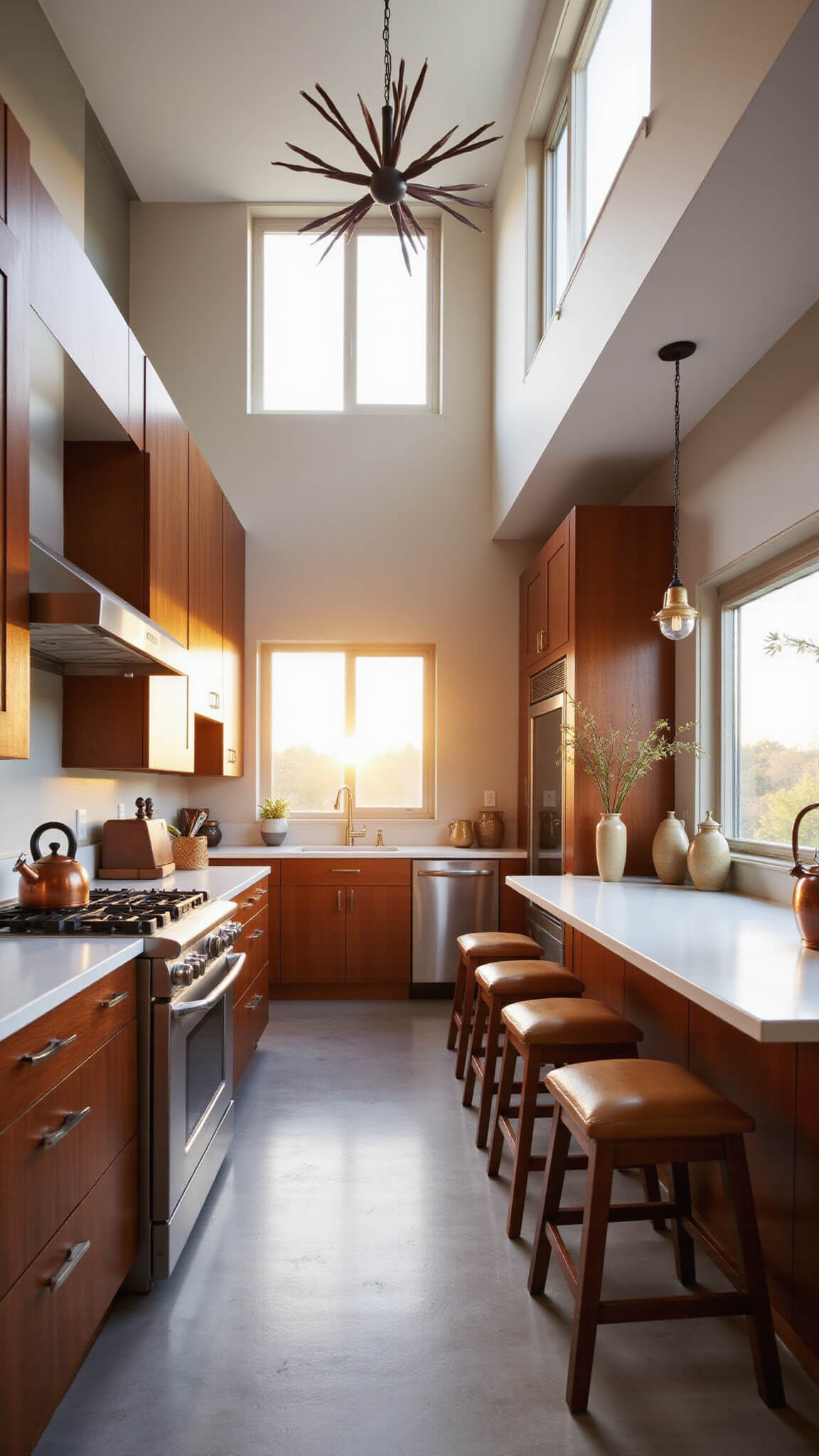 Mid-century modern galley kitchen with walnut cabinetry, stainless steel appliances, white quartz countertops, and vintage accents, lit by golden hour sunlight through clerestory windows.