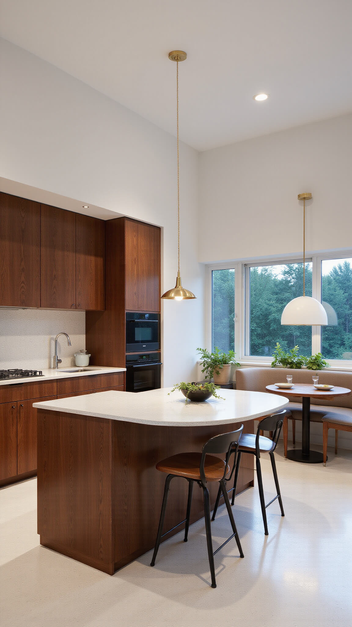 L-shaped kitchen at twilight with walnut cabinets, white terrazzo countertops, George Nelson bubble lamp, Eames breakfast nook, brass hardware, and vintage decor.