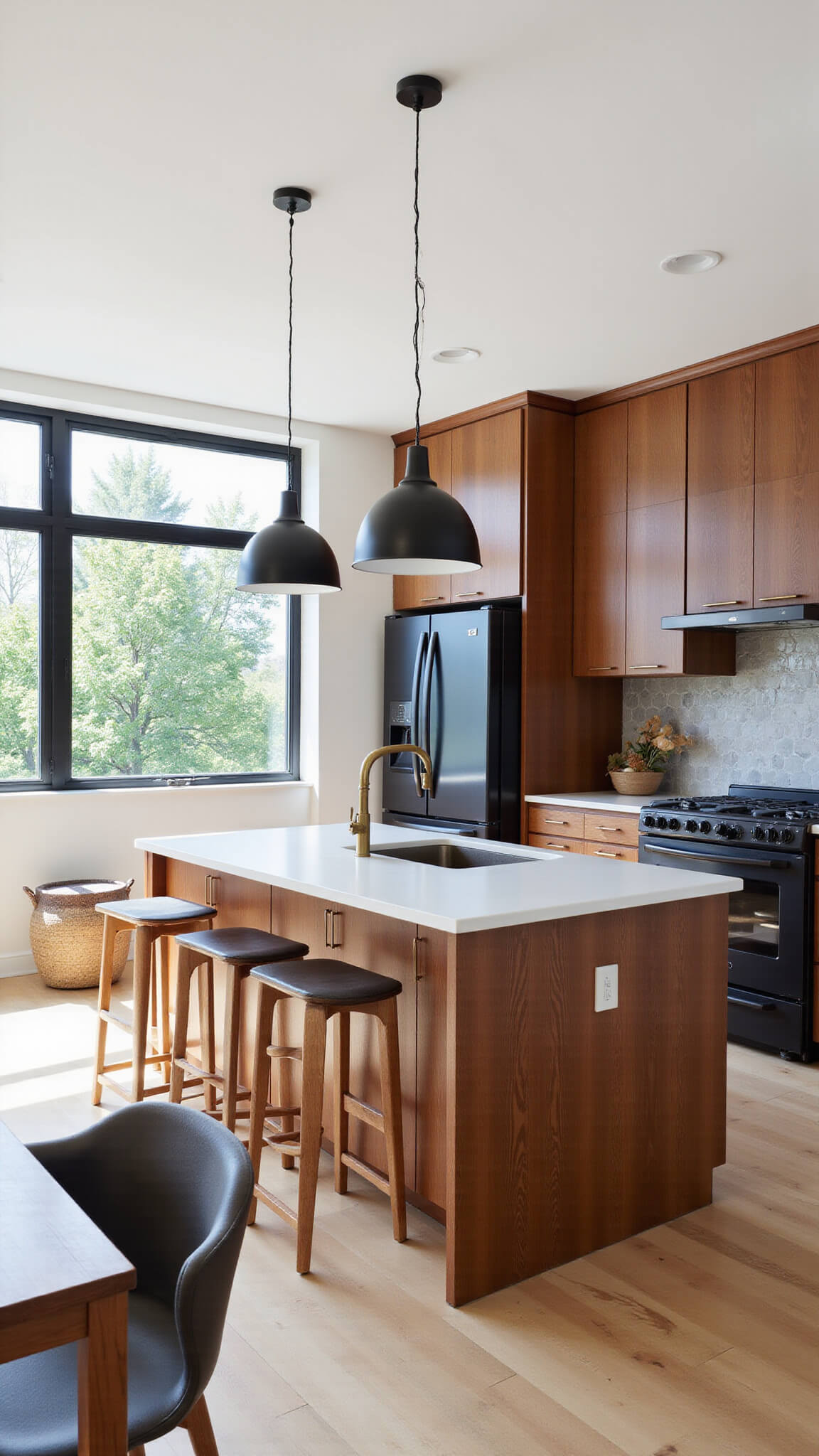 Modern open-concept kitchen with walnut waterfall island, brass accents, and matte black appliances bathed in morning light from floor-to-ceiling windows.