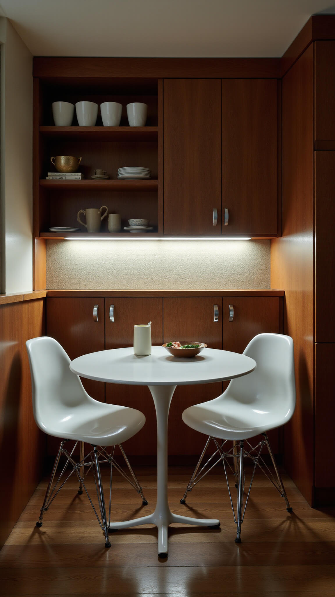 Cozy mid-century kitchen nook with tulip table, Eames chairs, walnut cabinets, and illuminated Heath ceramics on open shelves.