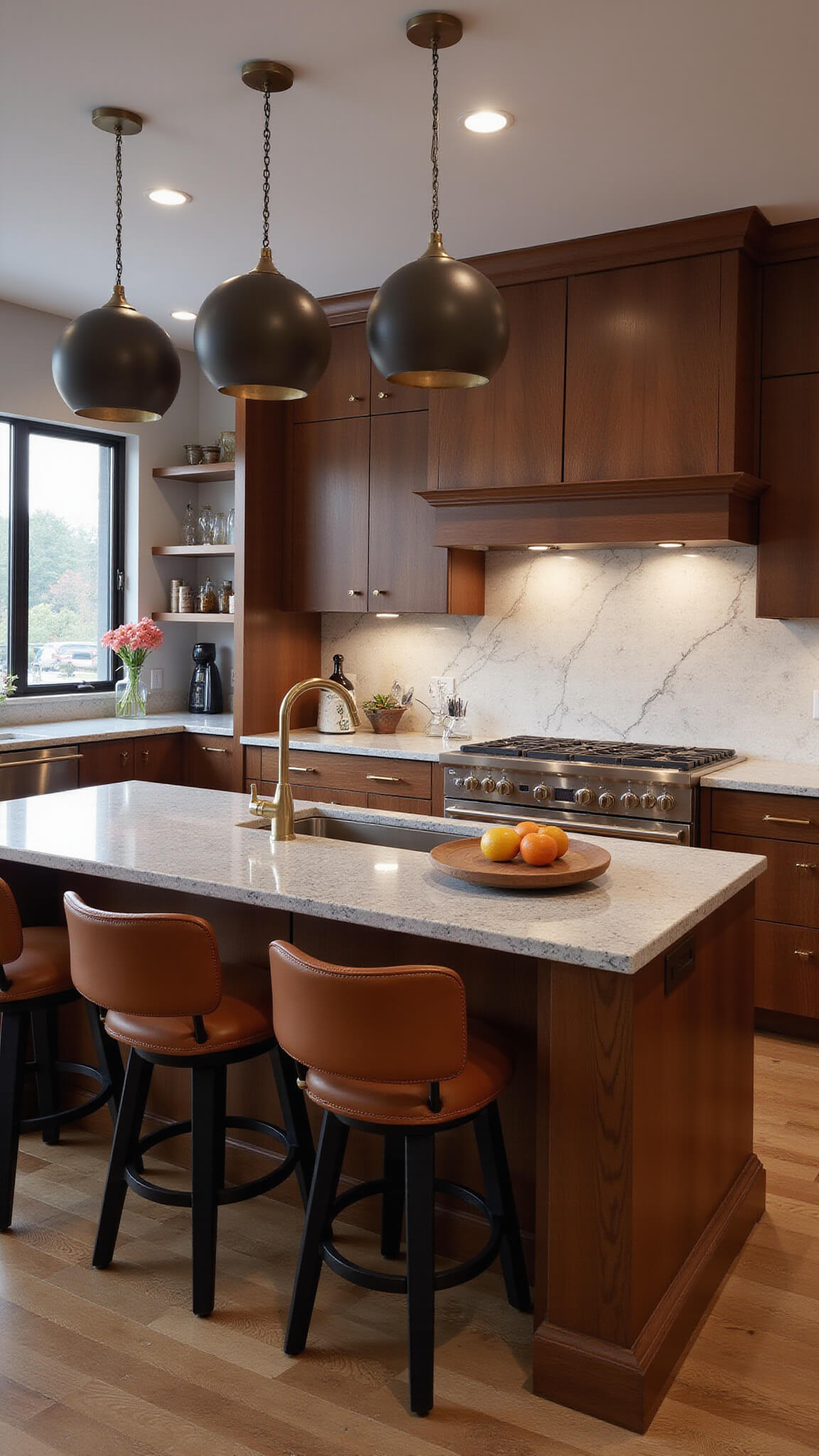 Dramatic dusk kitchen with marble backsplash, walnut cabinets, large granite island, globe pendants, Eames bar stools, and vintage brass appliances.