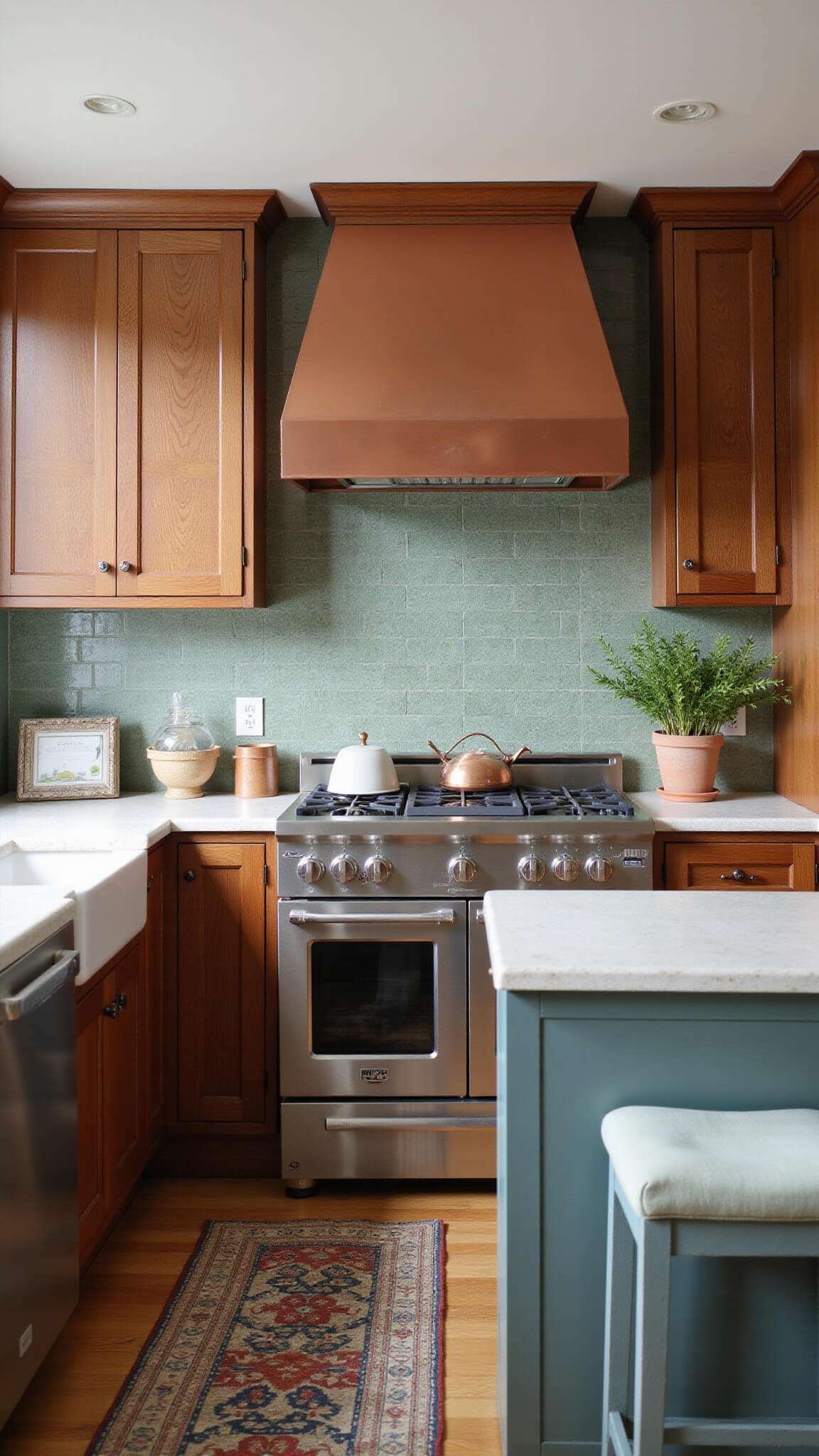 Sunrise-lit renovated kitchen with restored walnut cabinets, copper range hood, green ceramic tile backsplash, and integrated appliances.