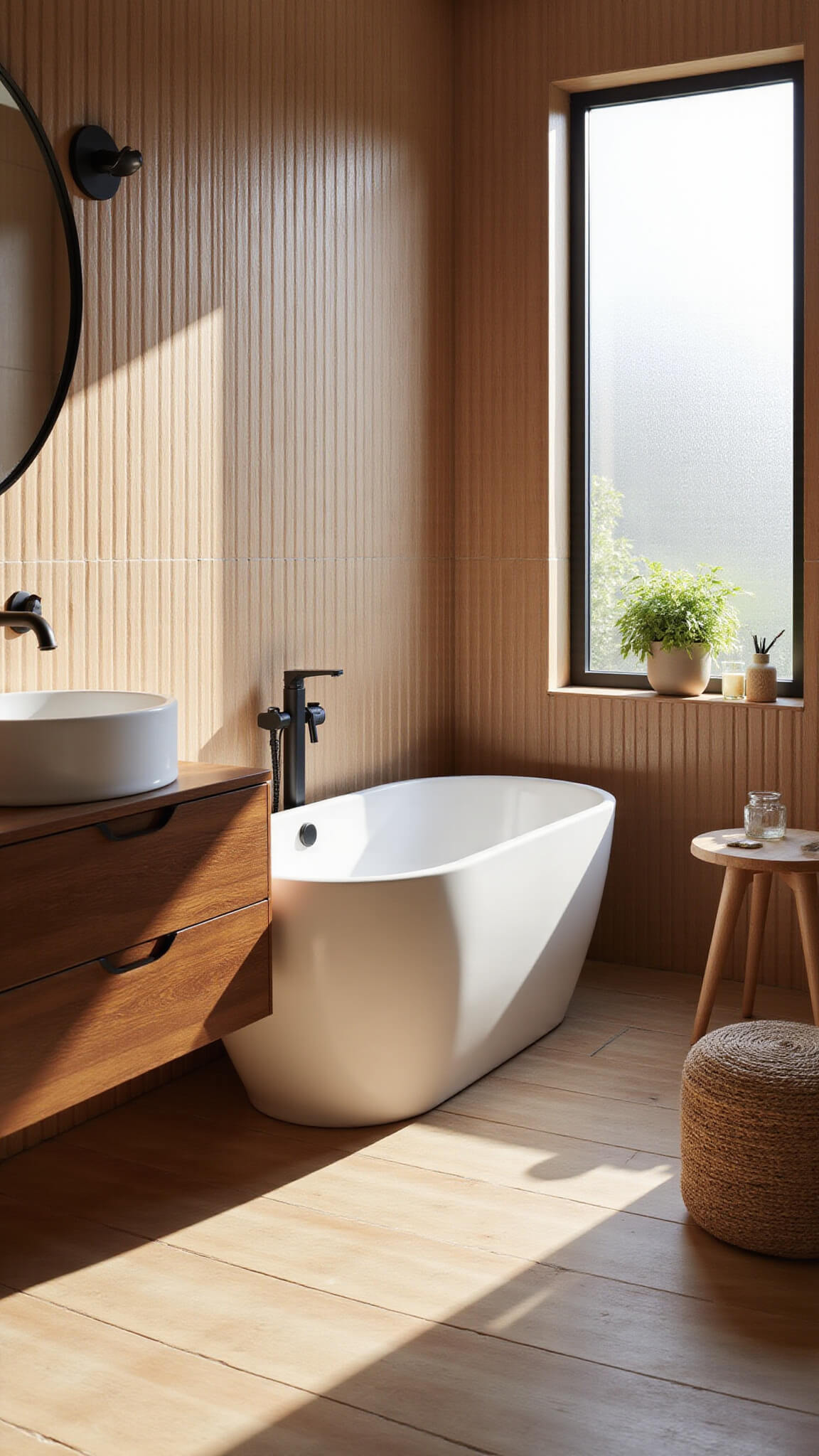 Modern bathroom with fluted caramel wood-look tiles, freestanding white oval tub, black fixtures, walnut vanity, and natural light streaming through frosted window.