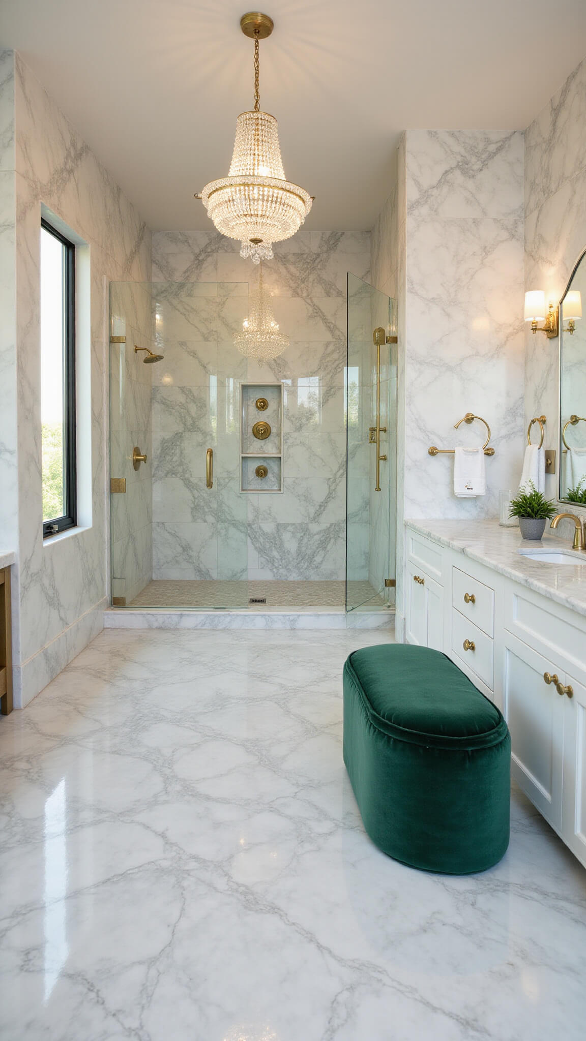 Luxurious master bathroom with Calacatta marble tiles, brass fixtures, crystal chandelier, and emerald green velvet ottoman at golden hour.